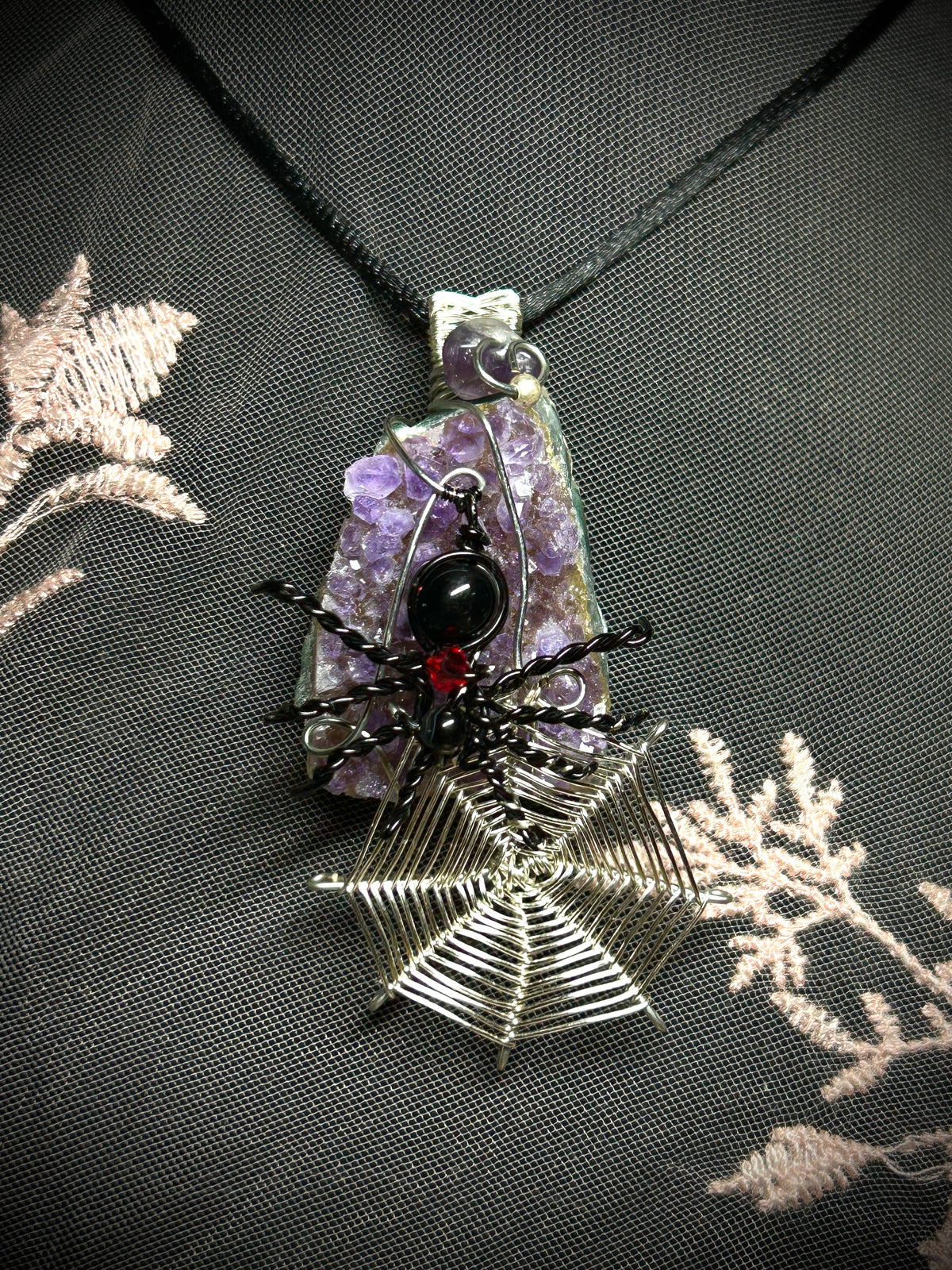 Amethyst with Spider and Spiderweb Necklace