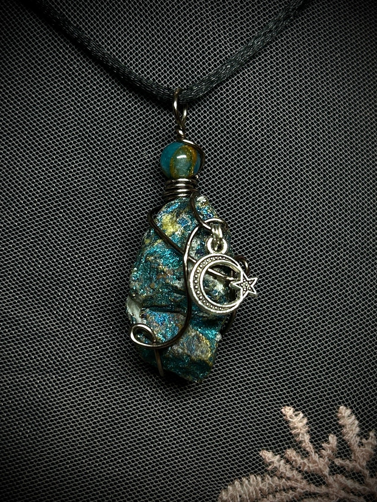 Peacock Ore with Moon Charm Necklace