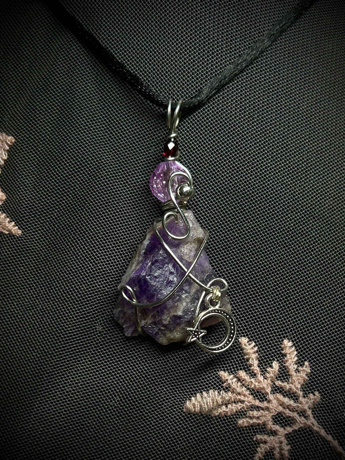 Amethyst with Small Moon Charm Necklace