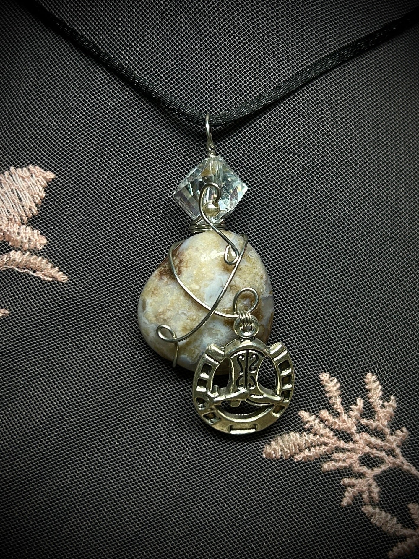 Blue Cherry Blossom Agate with Horseshoe Charm Necklace