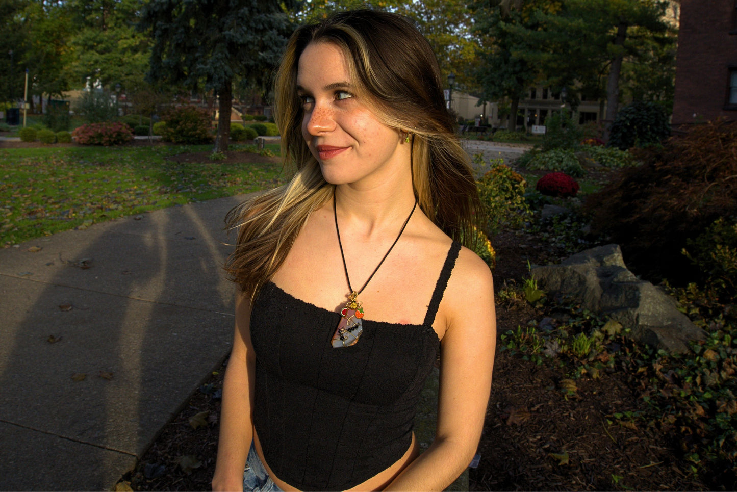 Ants Following Fruit Red Agate Slab Necklace