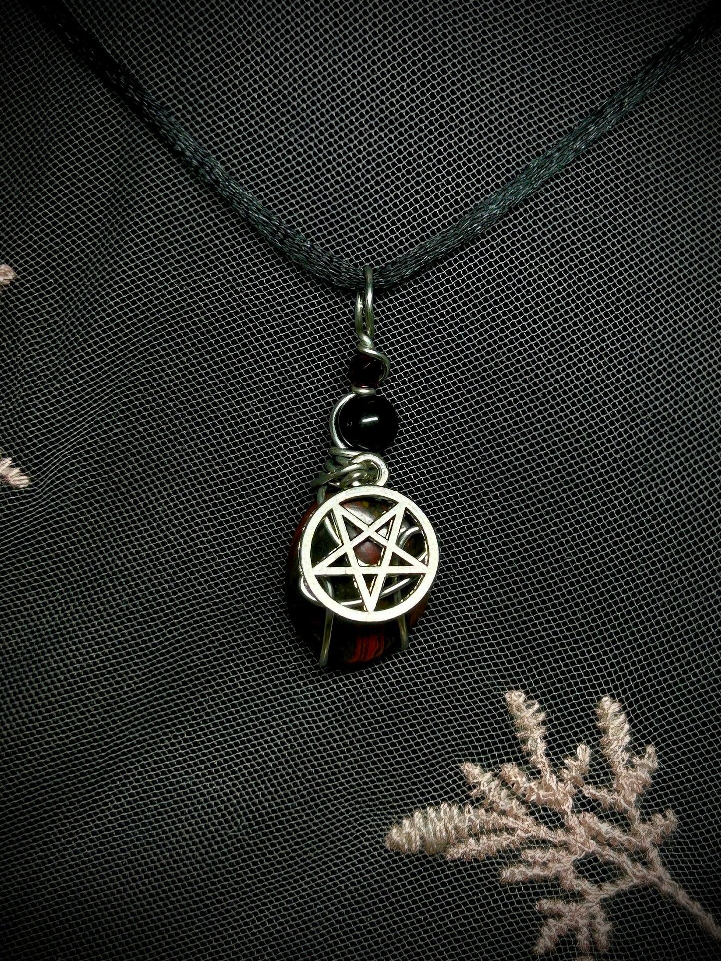 Bloodstone with Pentagram Charm Necklace