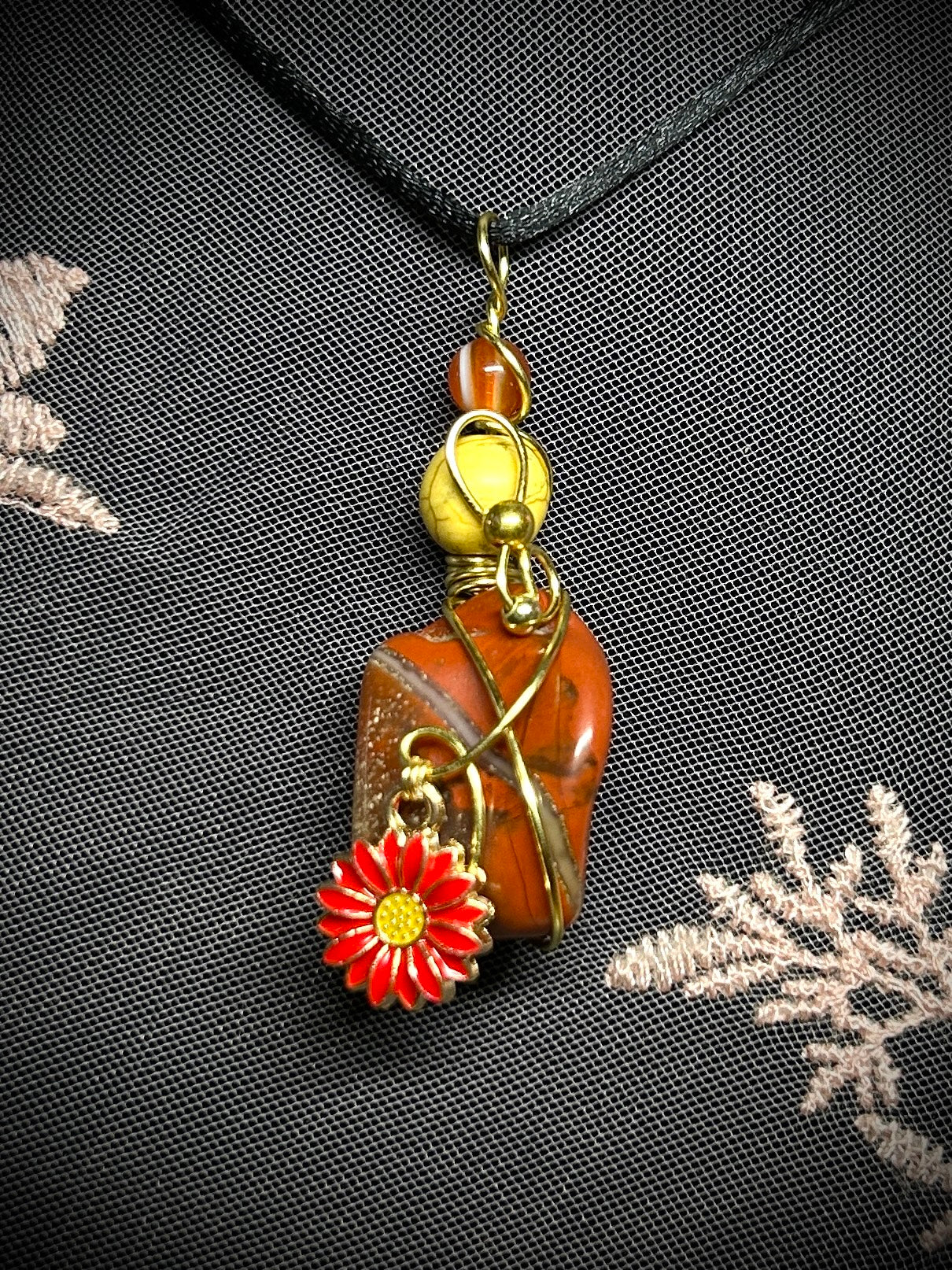 Floral Jasper with Red Flower Charm Necklace