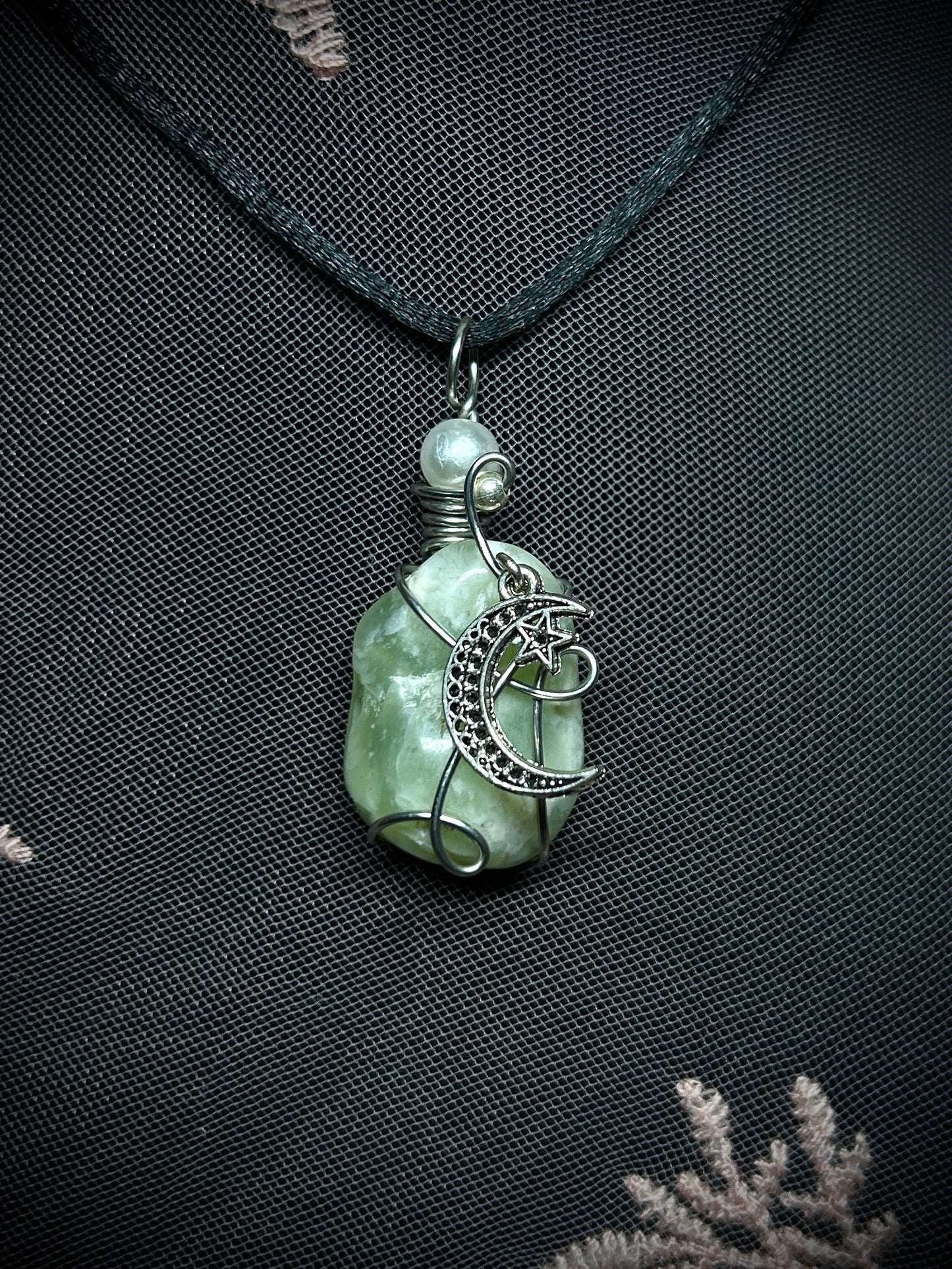 Green Calcite with Moon Charm Necklace