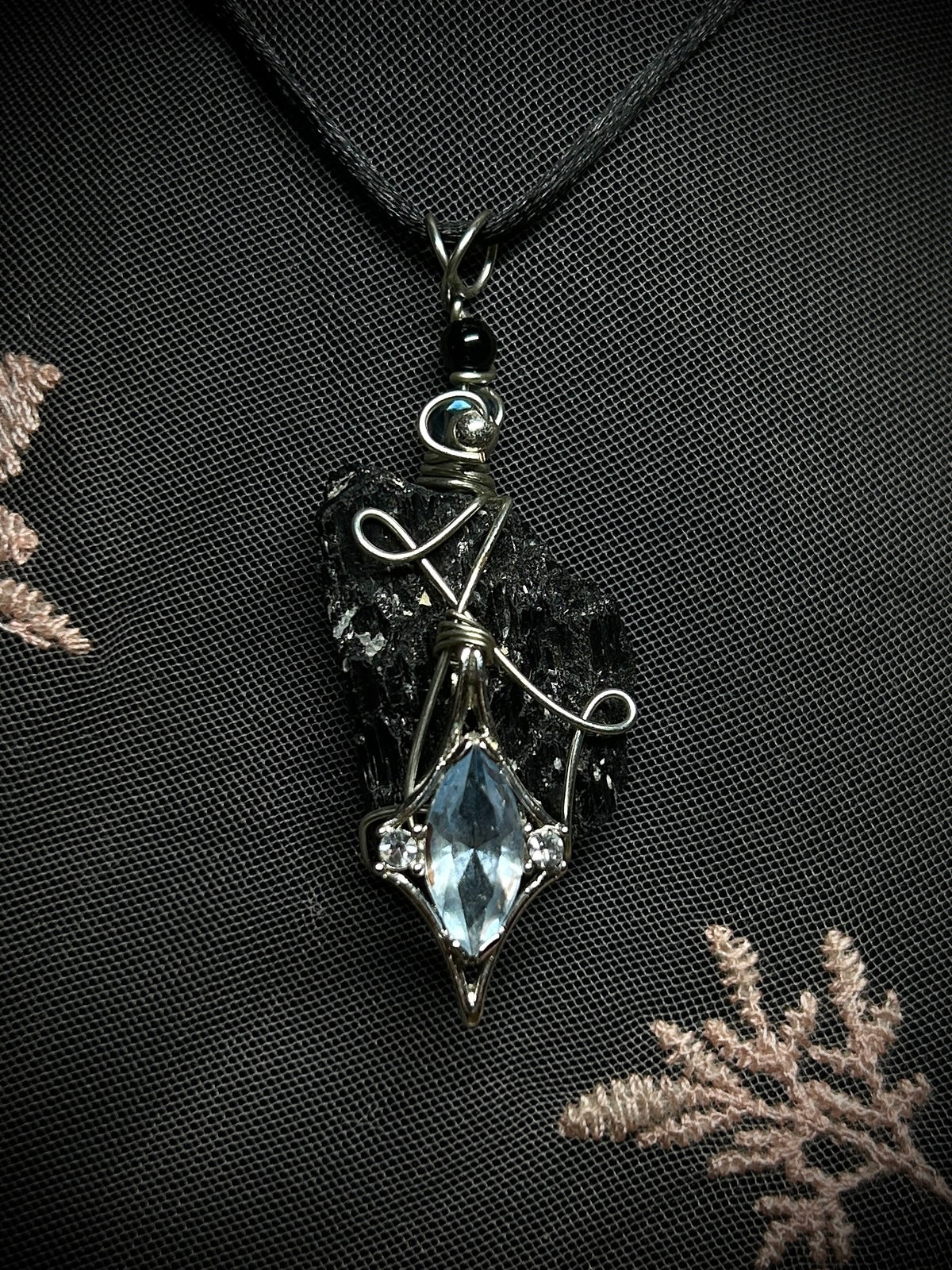Black Tourmaline with Antique Charm Necklace