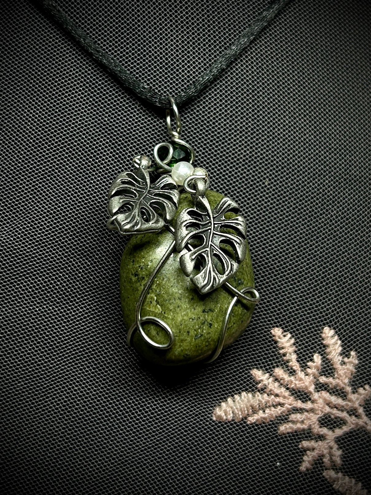Vesuvianite with Monstera Leaves Necklace