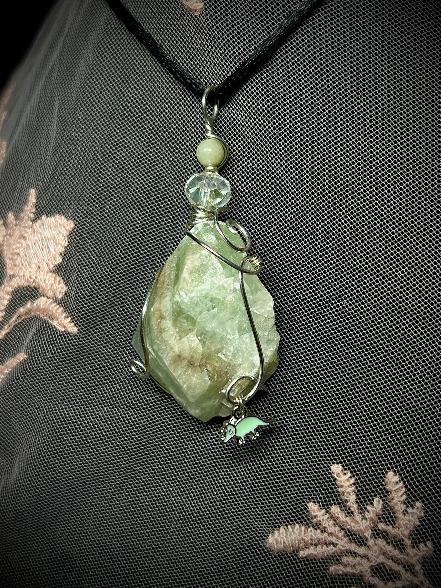 Green Calcite with Dinosaur Charm Necklace