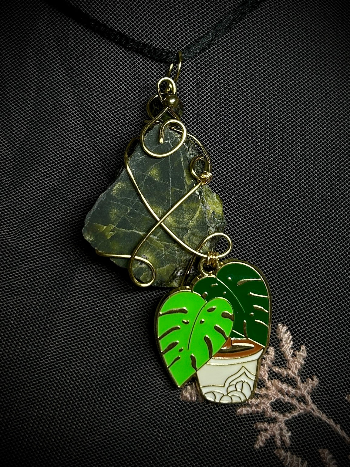 Unakite with Large Monstera Charm Necklace