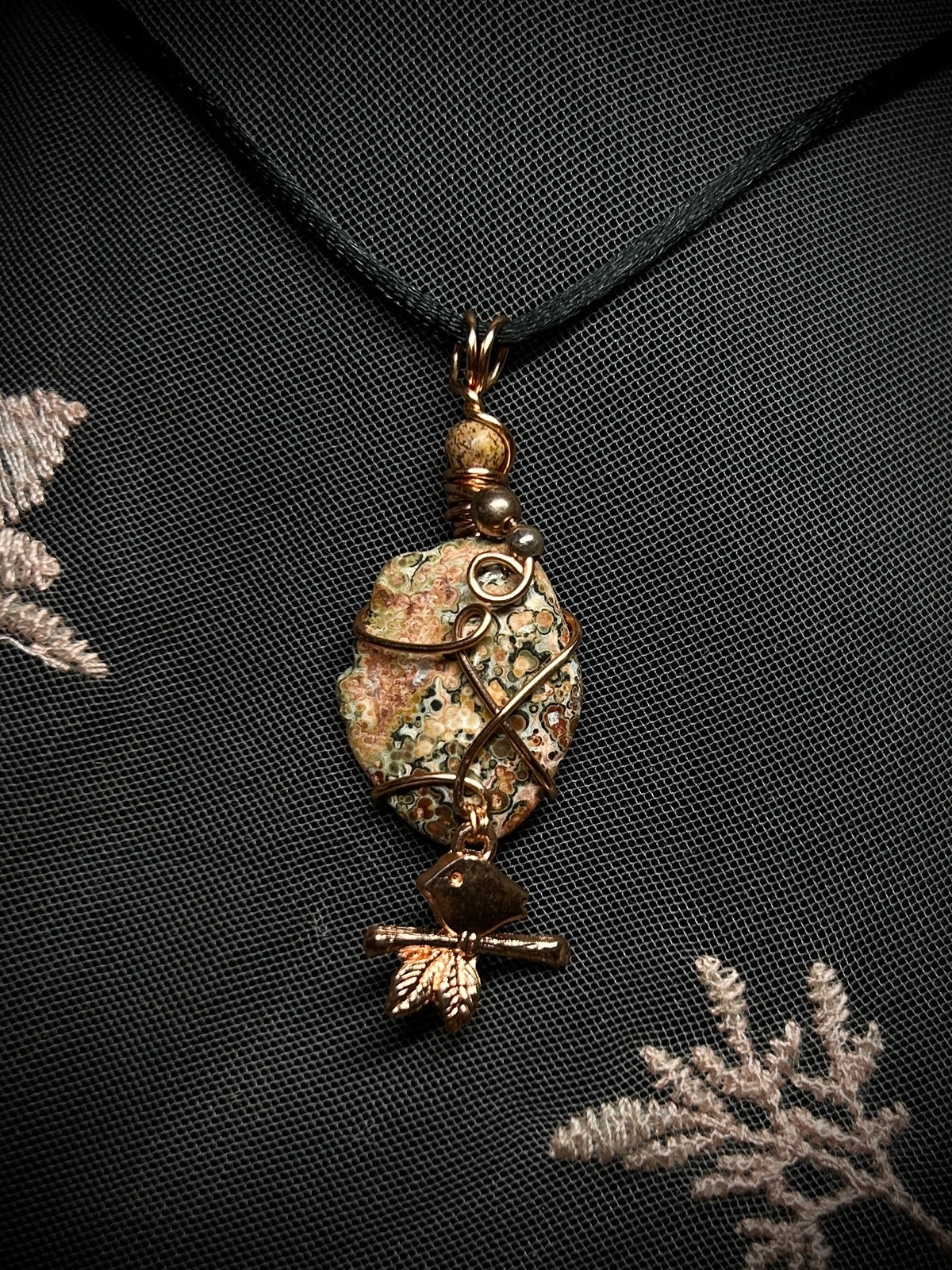 Birds Eye Rhyolite with Bird Charm Necklace