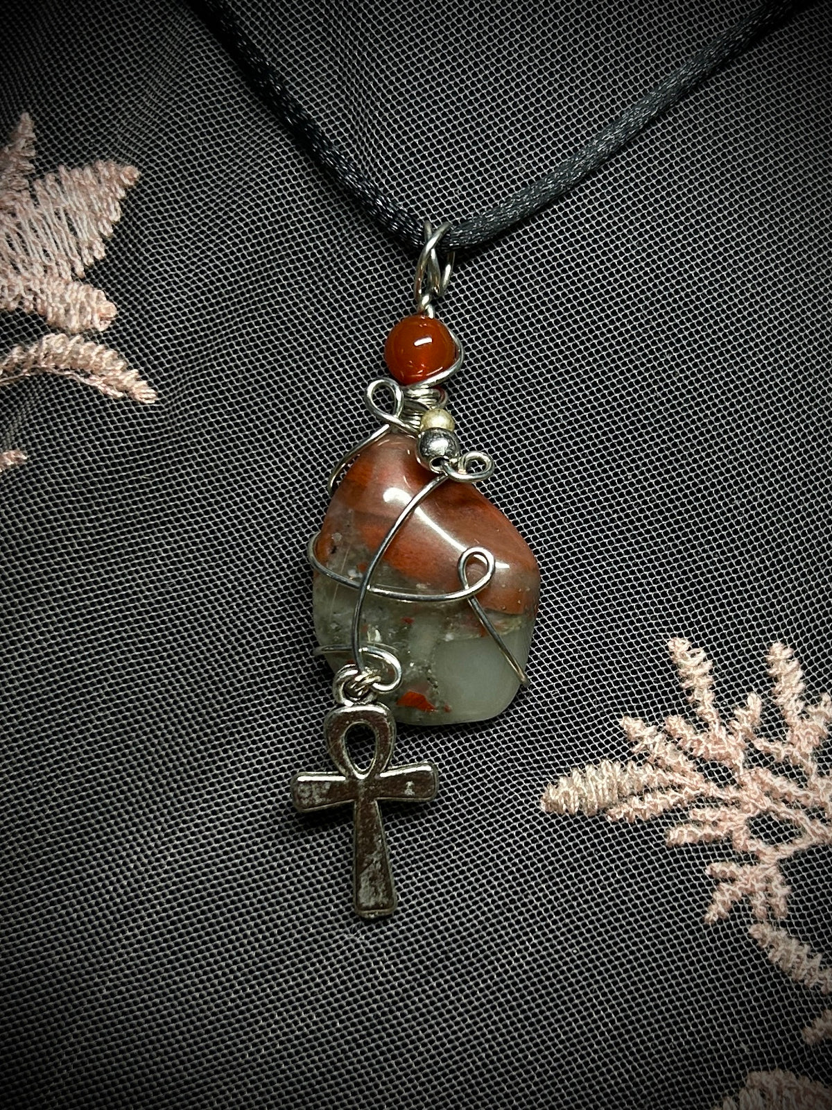 Cherry Orchard Agate with Egyptian Cross Charm Necklace