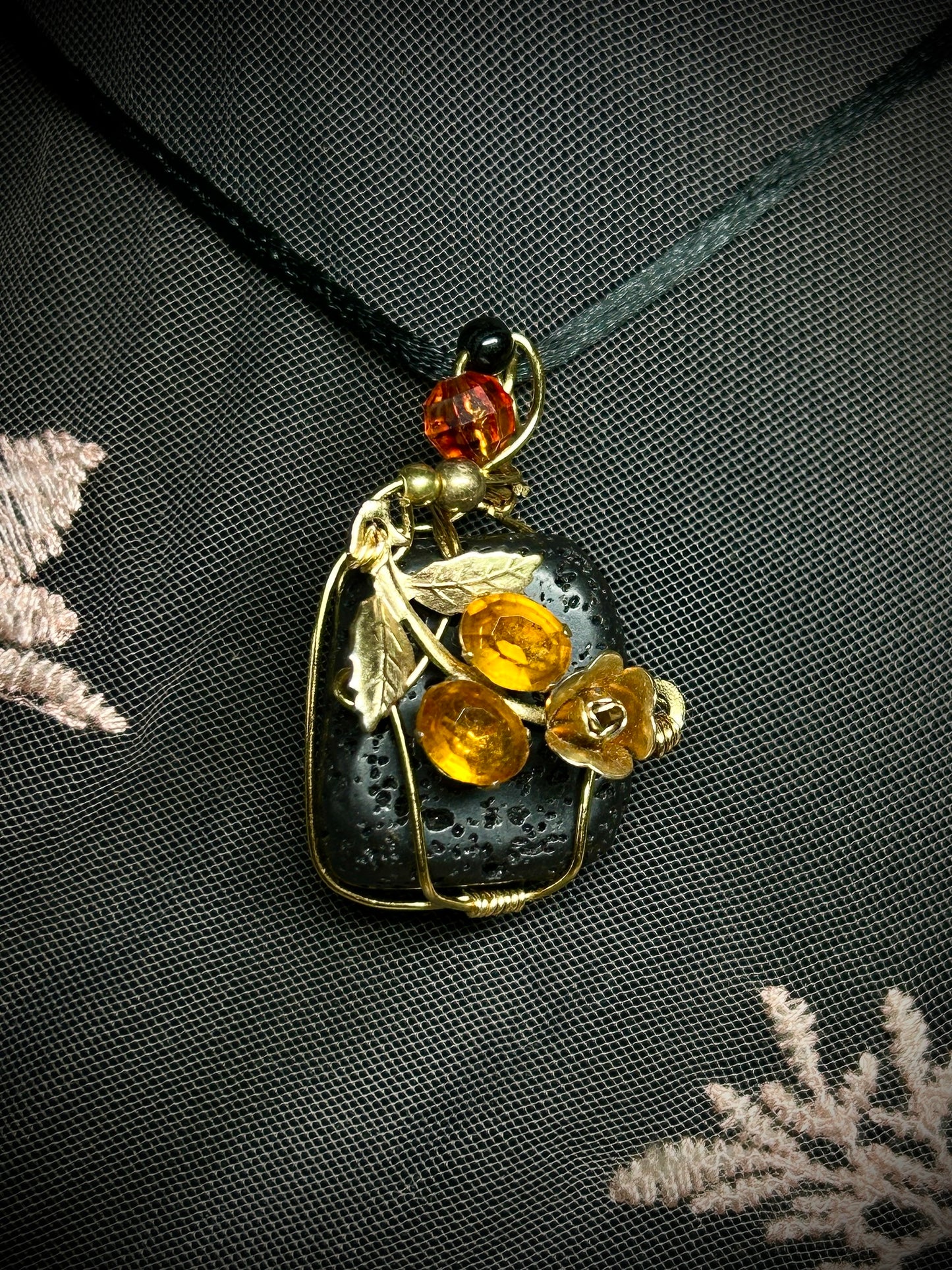 Lava Rock with Antique Rose Charm Necklace