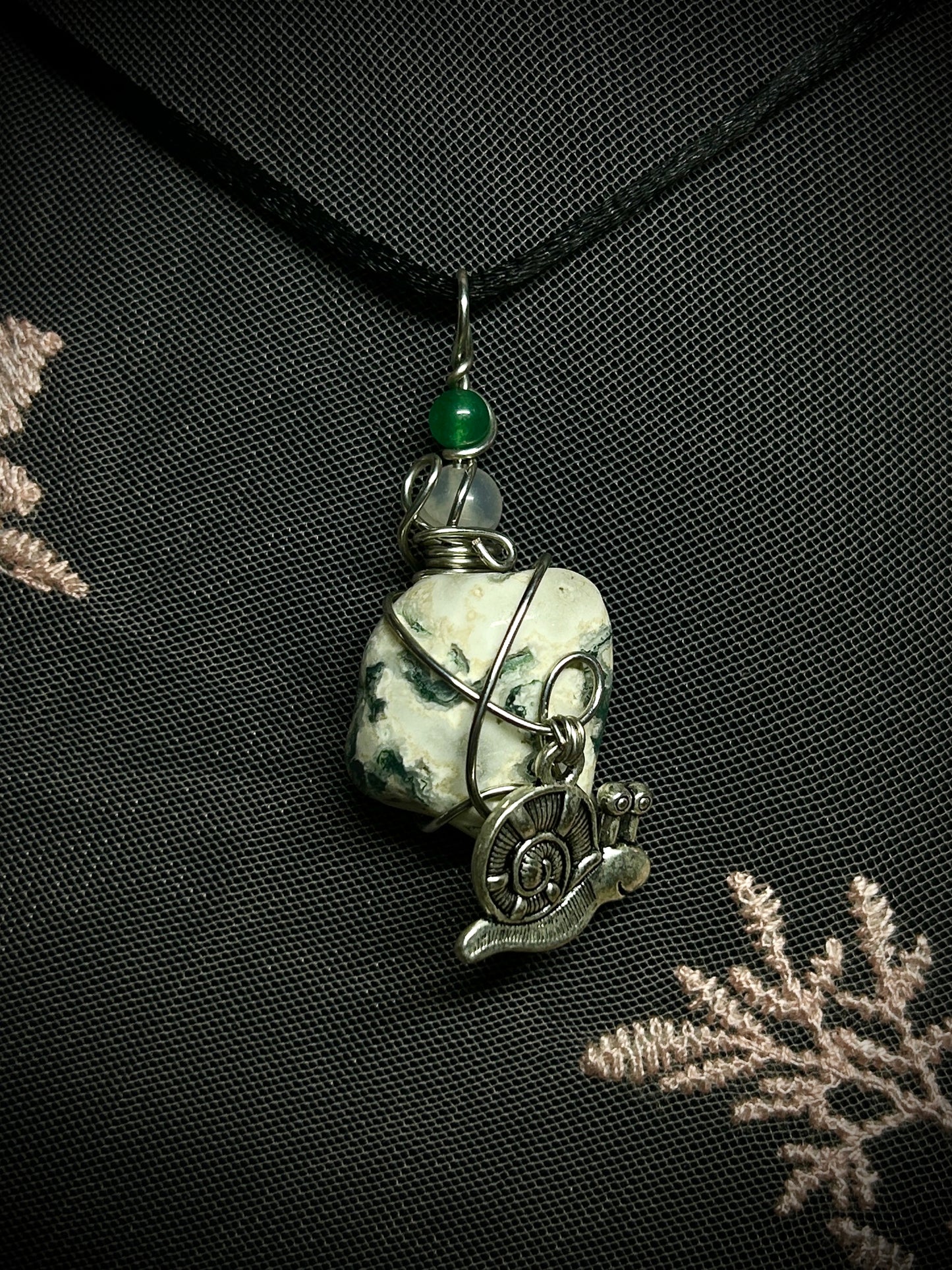 Tree Agate with Snail Charm Necklace