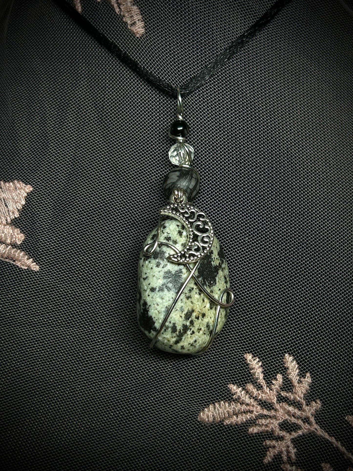 Dalmatian Stone with Moon Charm Necklace