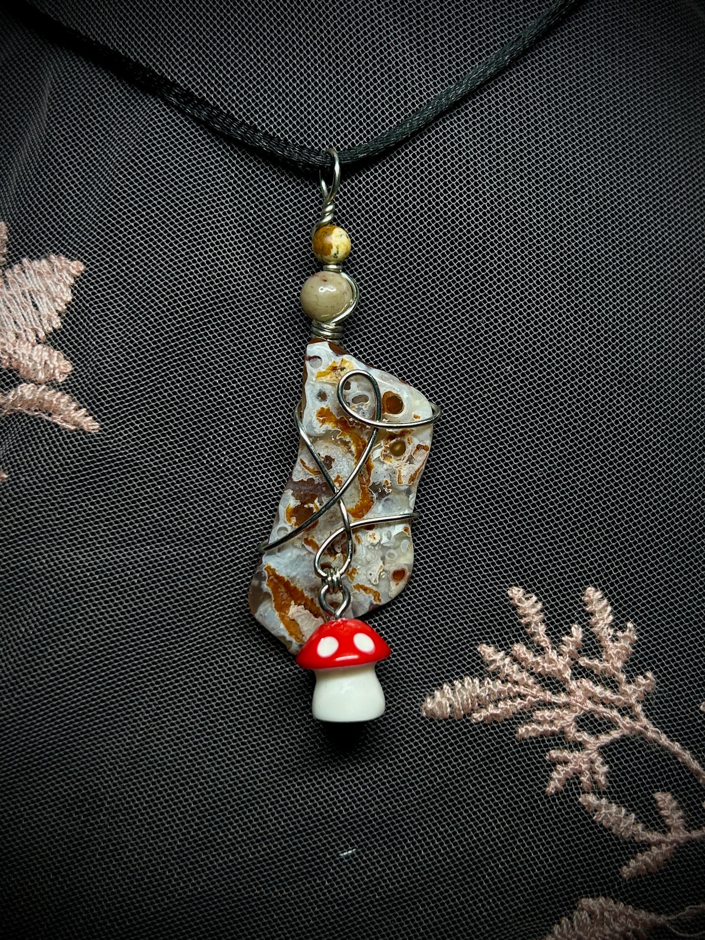 Crazy Lace Agate with Mushroom Charm Necklace