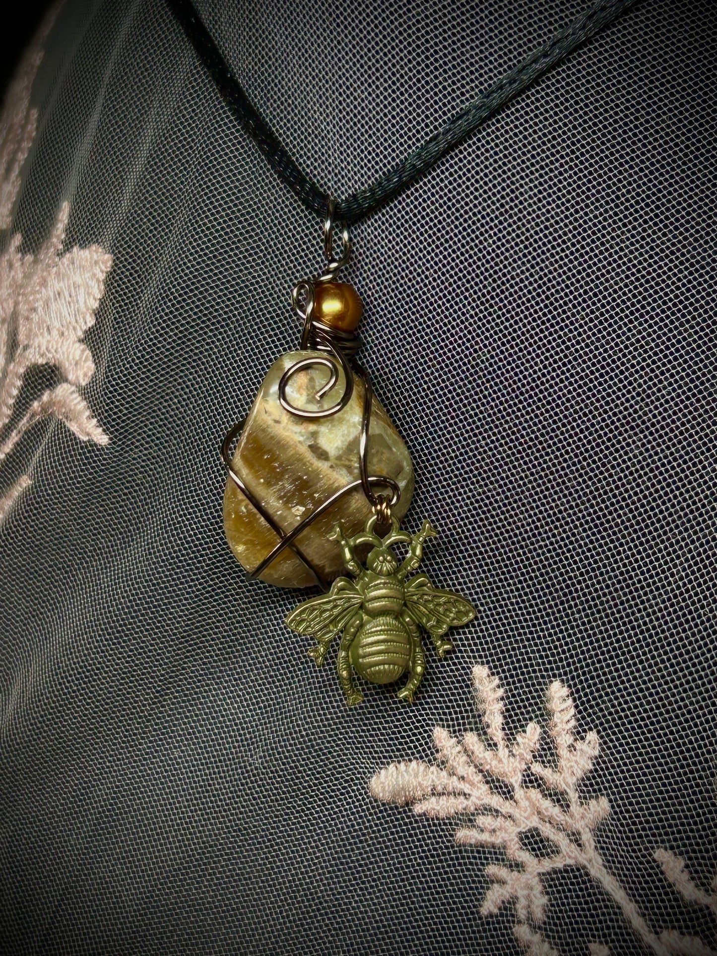 Brown Moonstone with Bee Charm Necklace