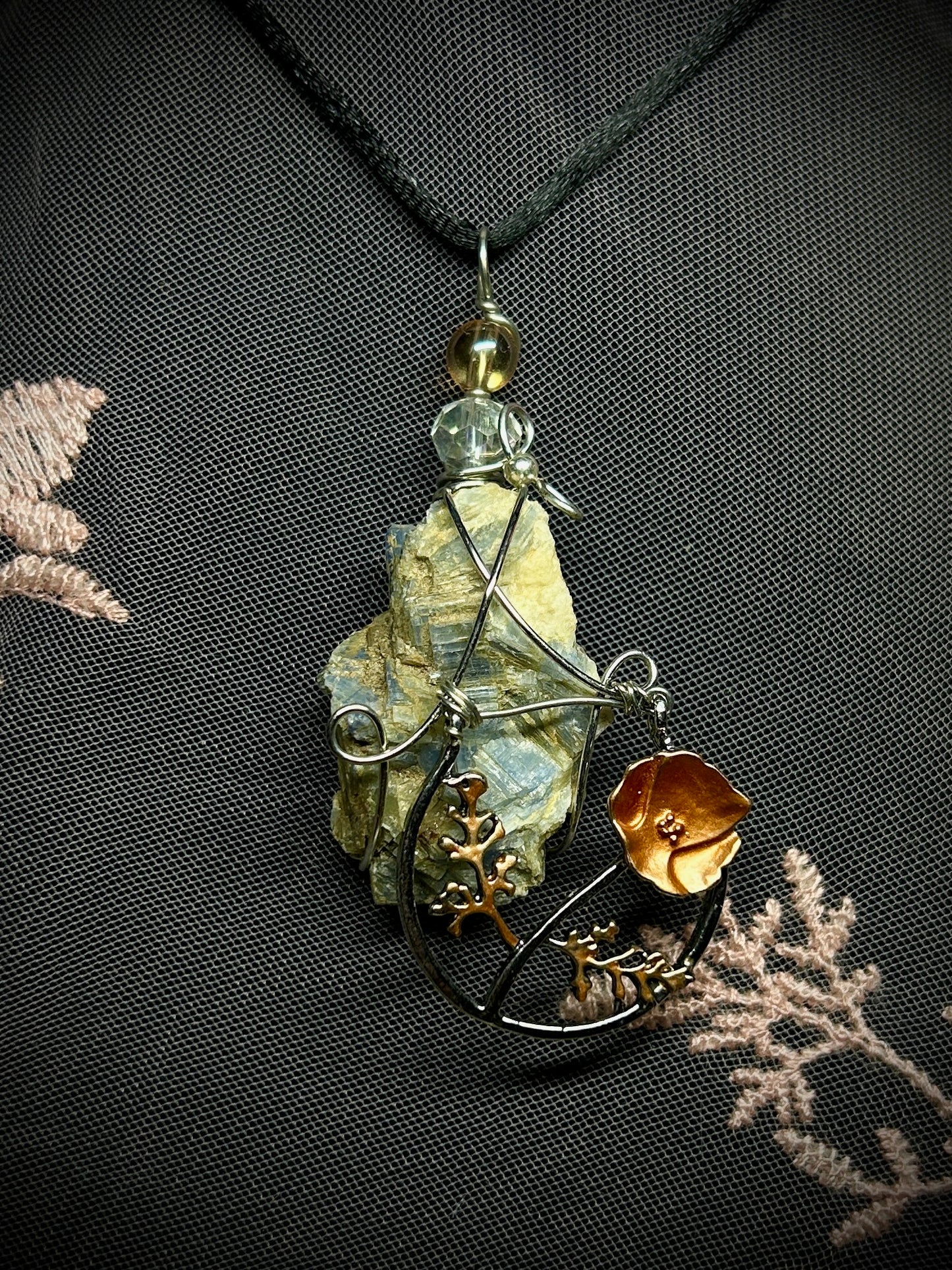 Blue Kyanite with Antique Orange Flower Charm Necklace