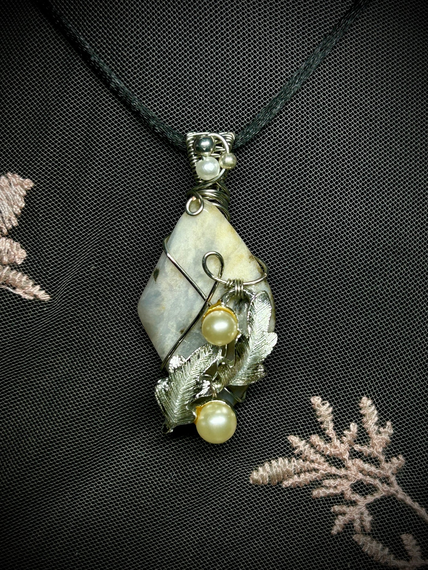 Petrified Wood with Upcycled Pearl Leaf Charm Necklace
