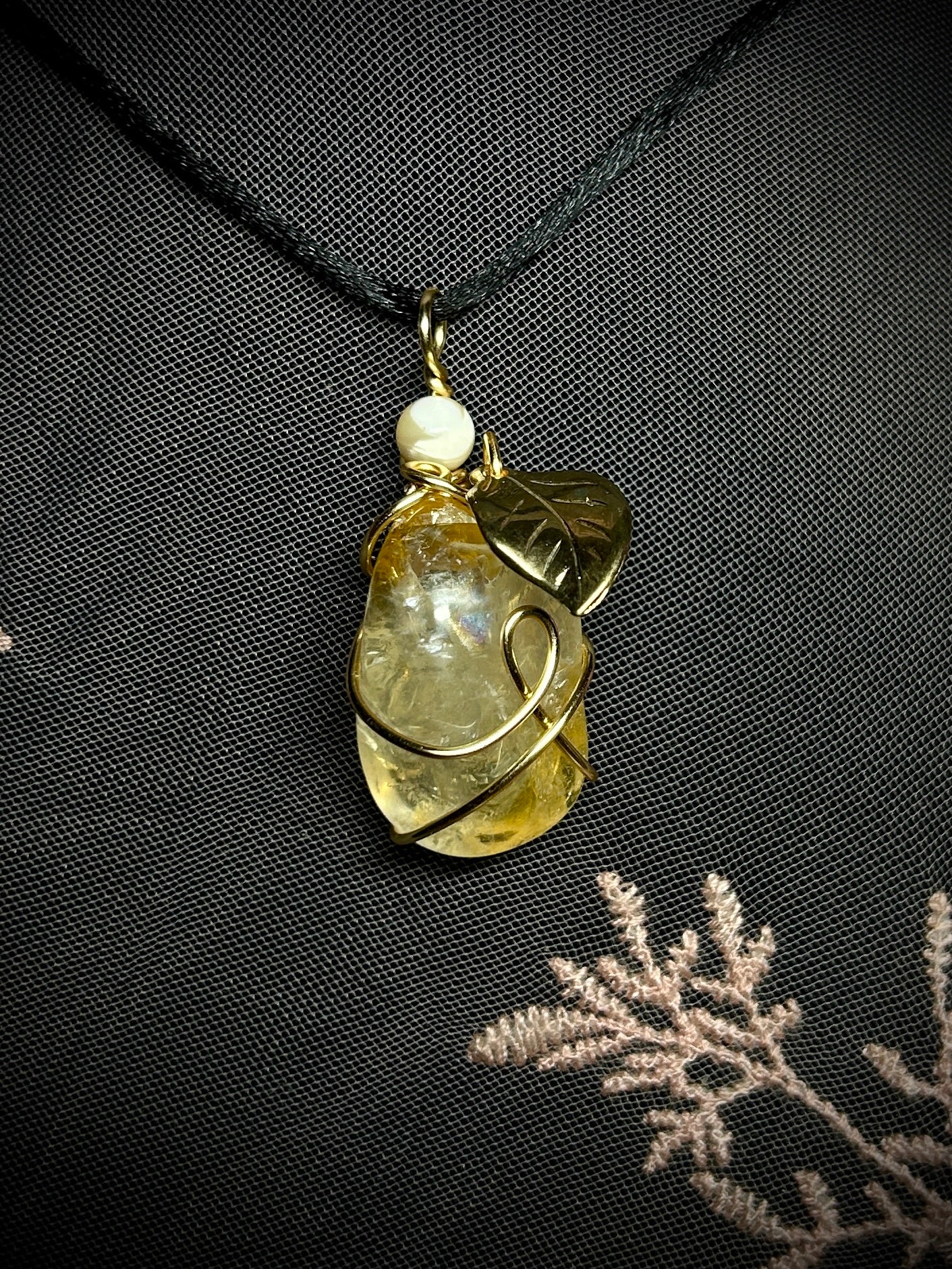 Citrine with Gold Leaf Charm Necklace