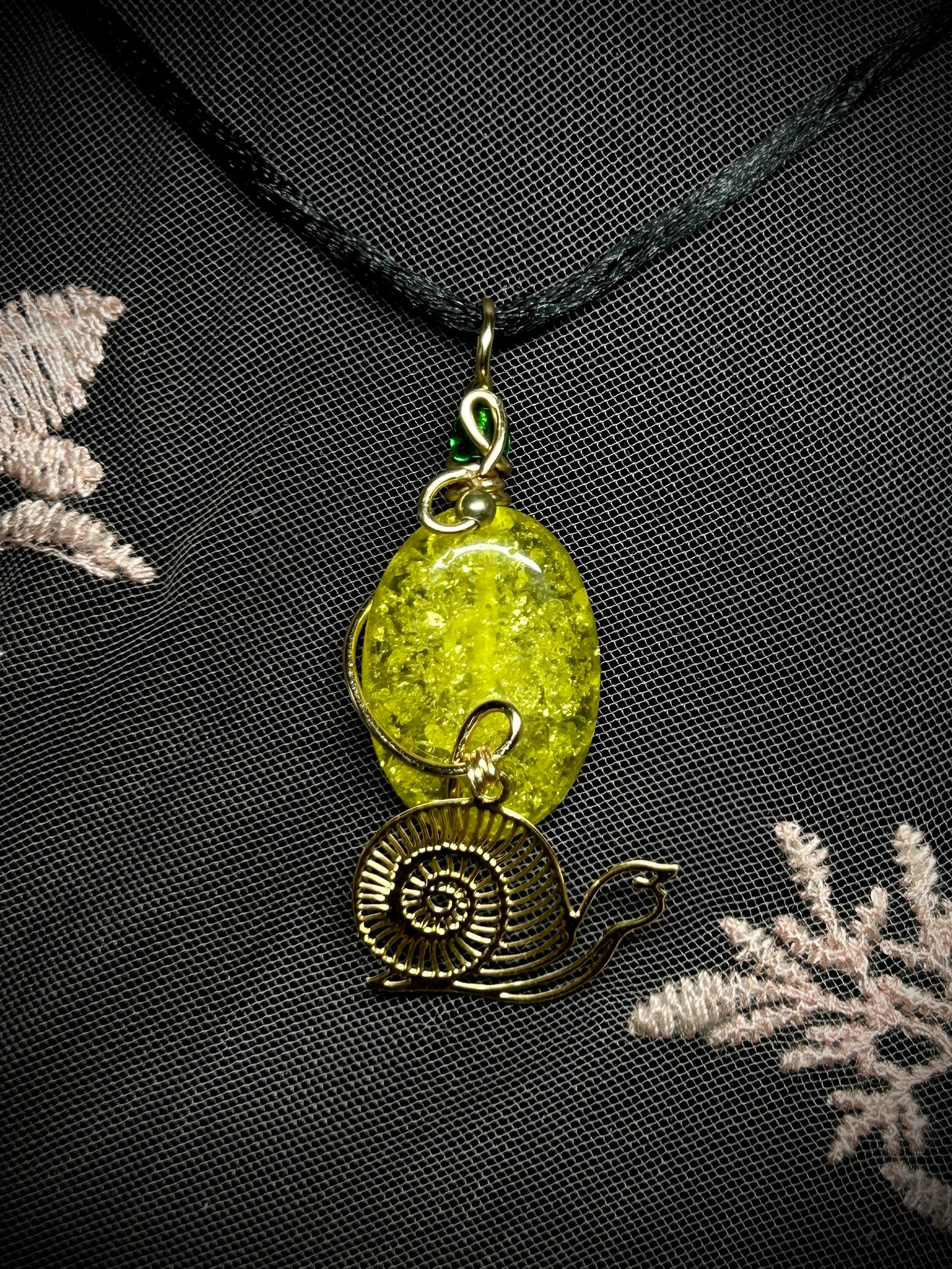 Green Bead with Snail Charm Necklace