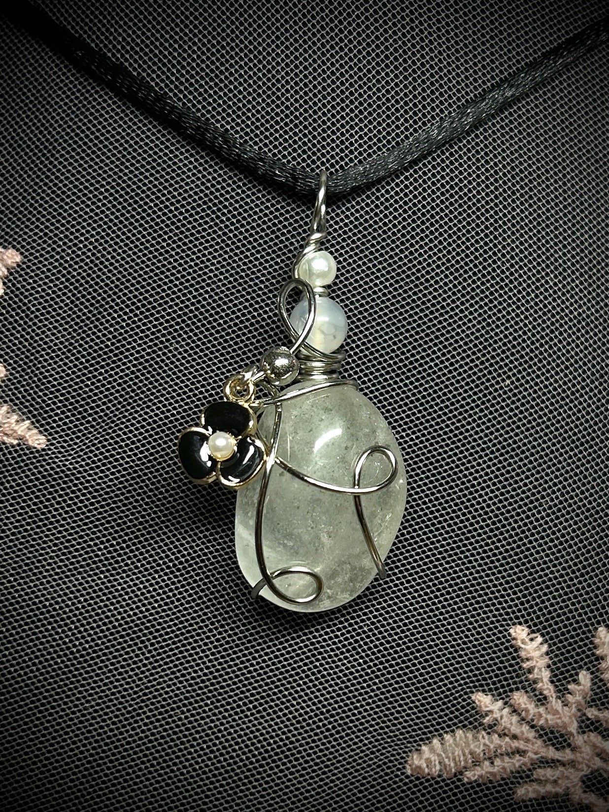 Quartz with Small Black Flower Charm Necklace