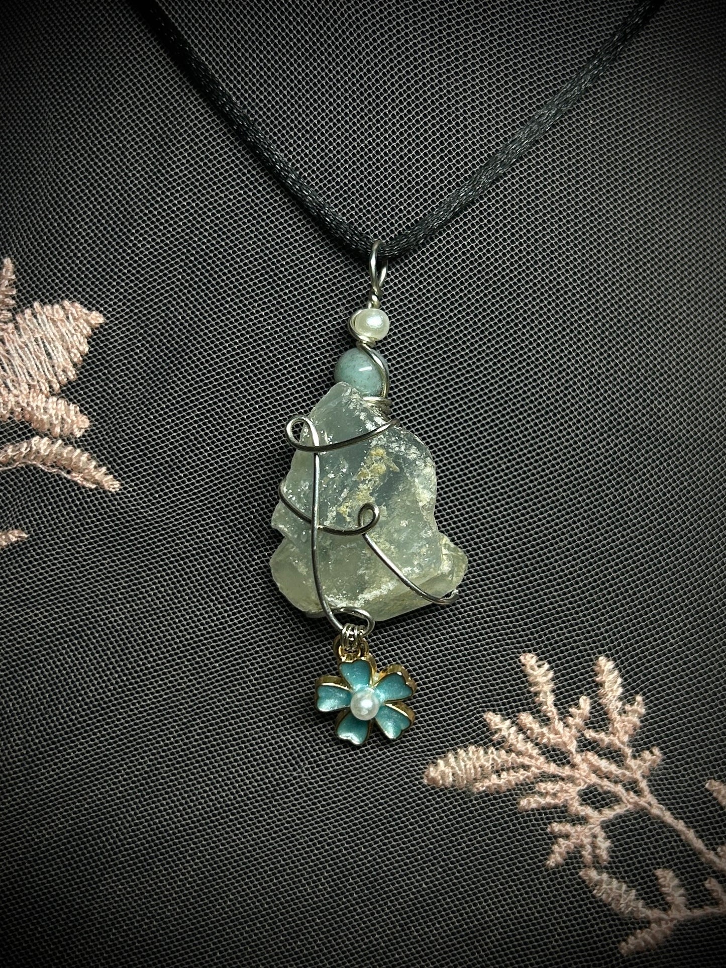 Blue Calcite with Blue Flower Charm Necklace
