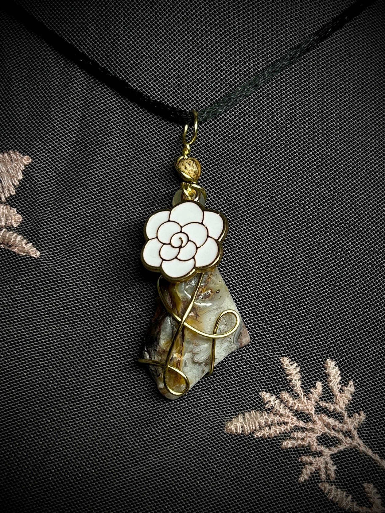 Crazy Lace Agate with White Rose Charm Necklace