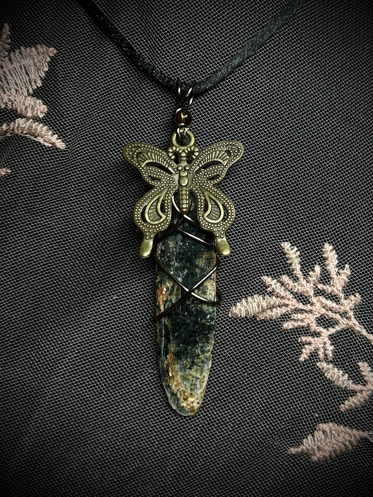Tri Color Kyanite with Large Moth Charm Necklace