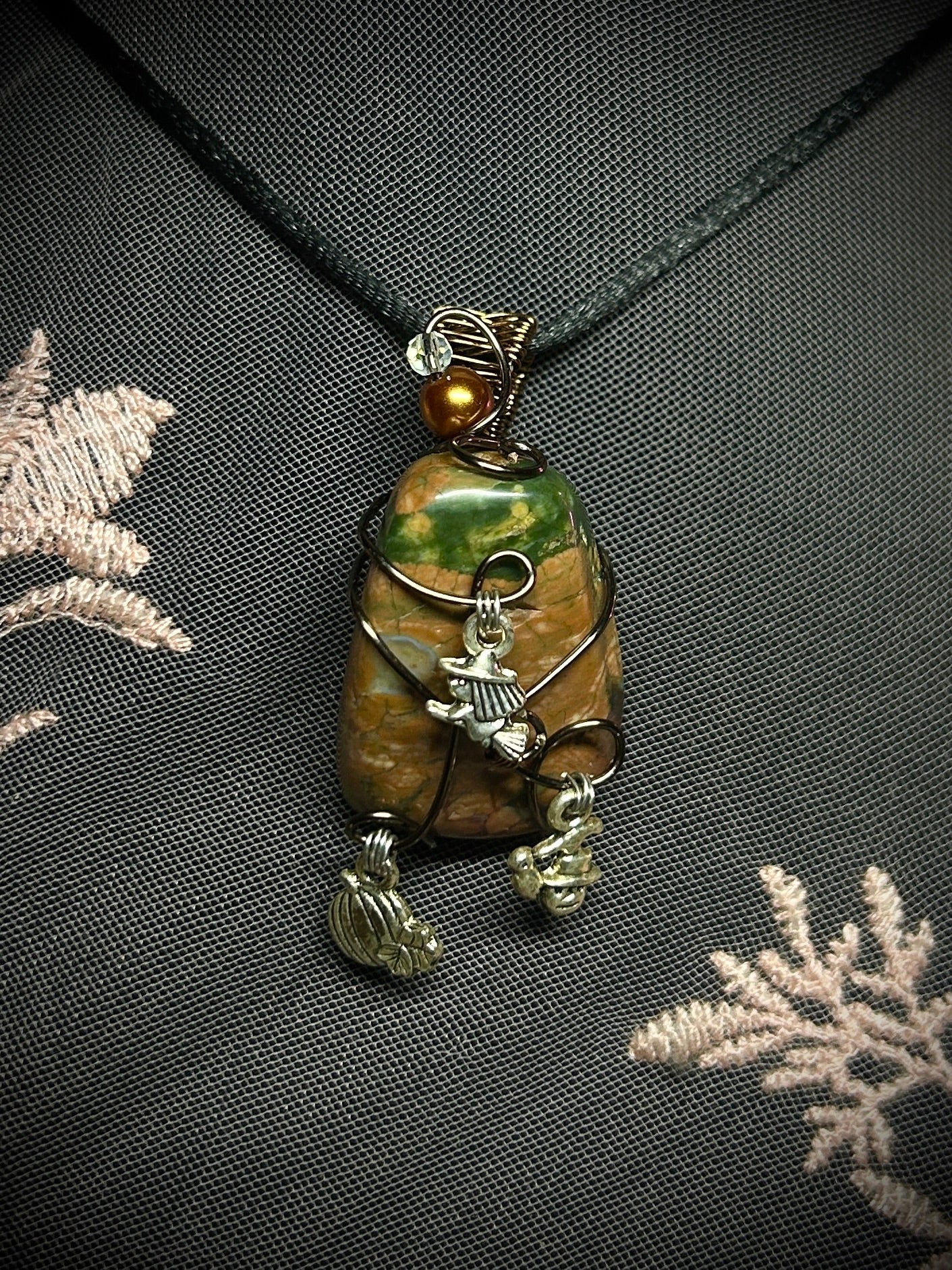 Fall Pendant; Rainforest Jasper with Halloween Themed Charms Necklace