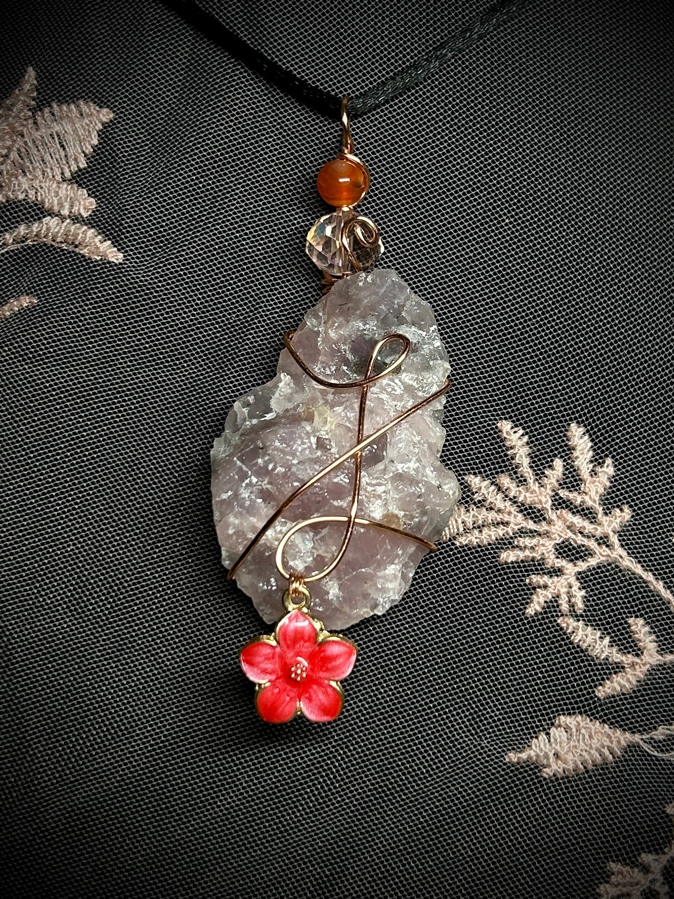 Guava Quartz with Red Flower Charm Necklace