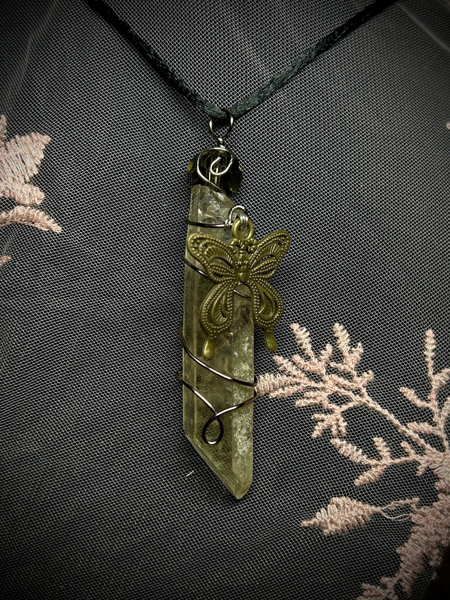 Smokey Quartz with Moth Charm Necklace