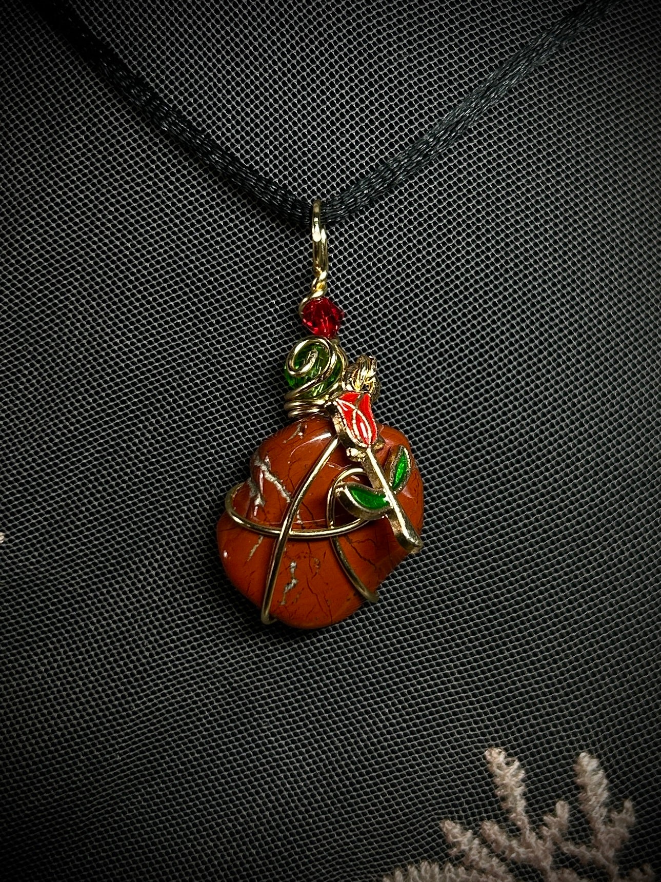 Small Jasper with Rose Charm Necklace