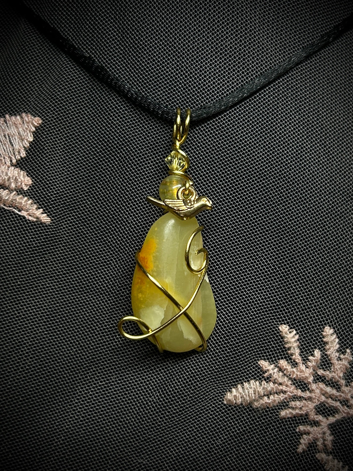 Yellow Jade with Small Bird Charm Necklace