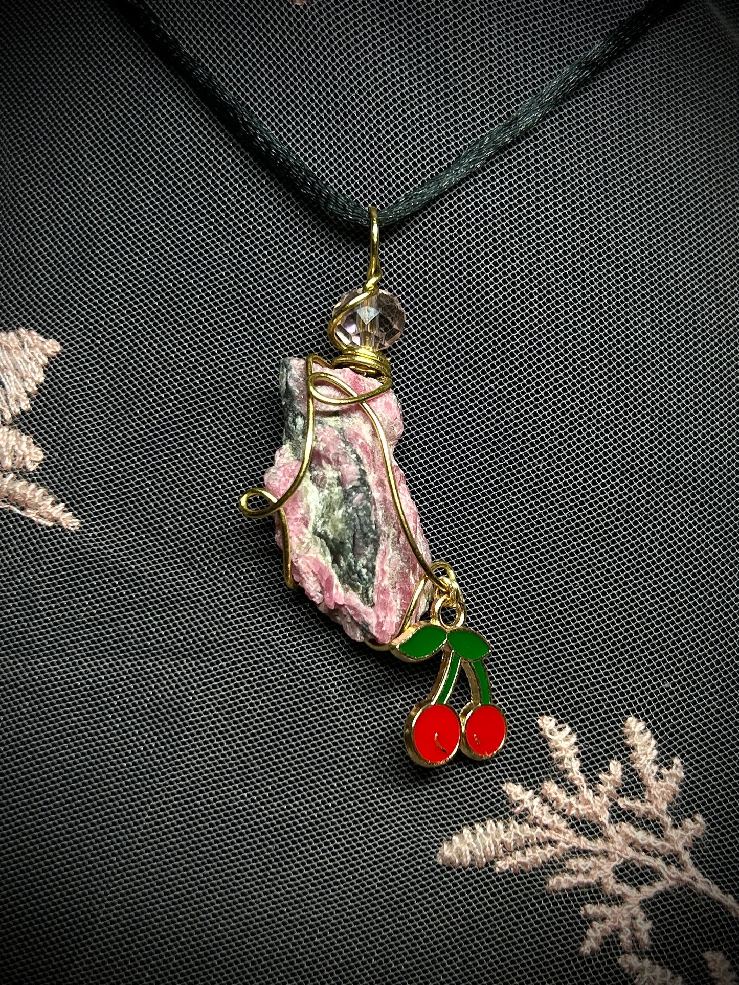 Rhodochrosite with Cherry Charm Necklace