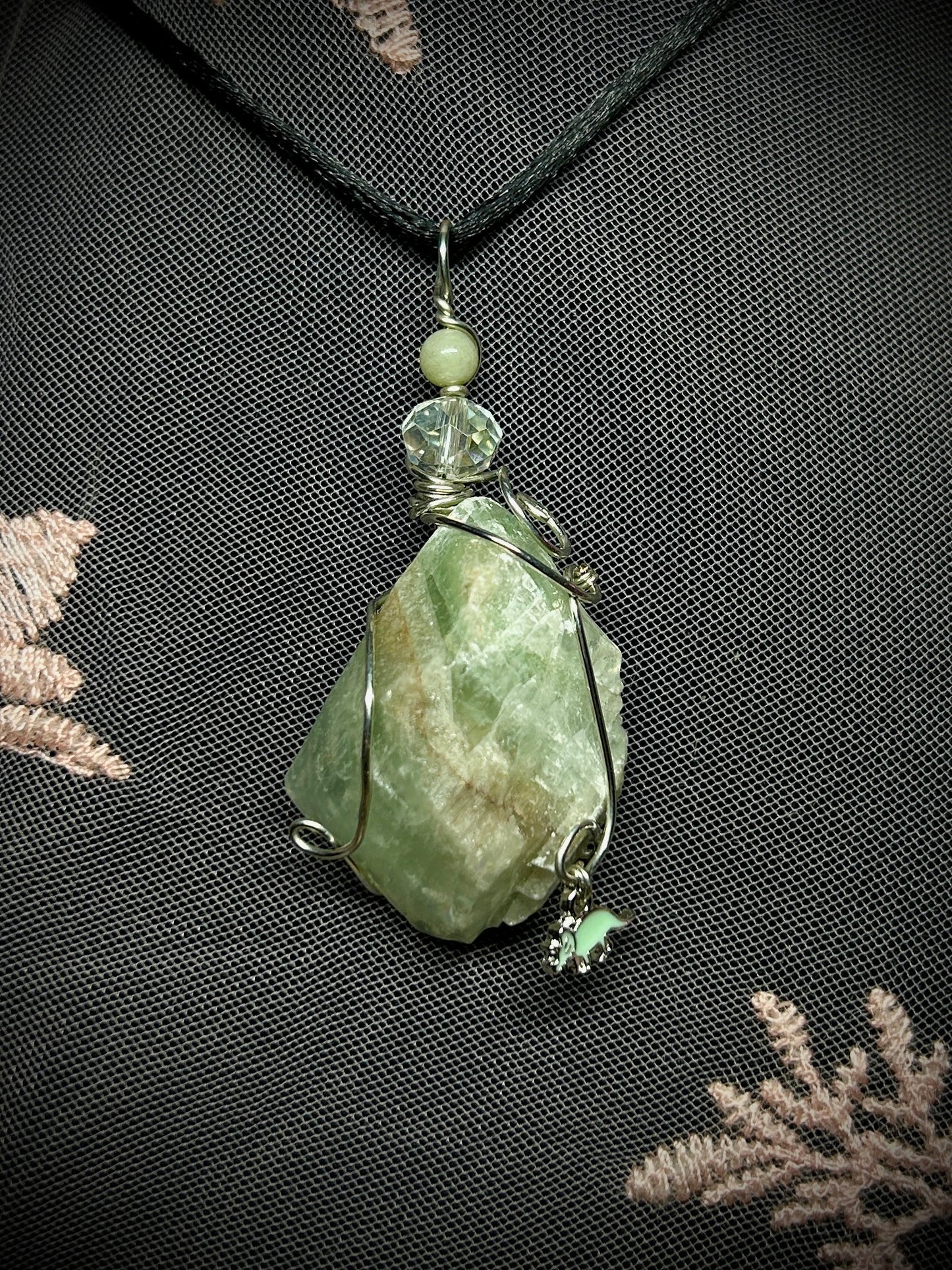 Green Calcite with Dinosaur Charm Necklace