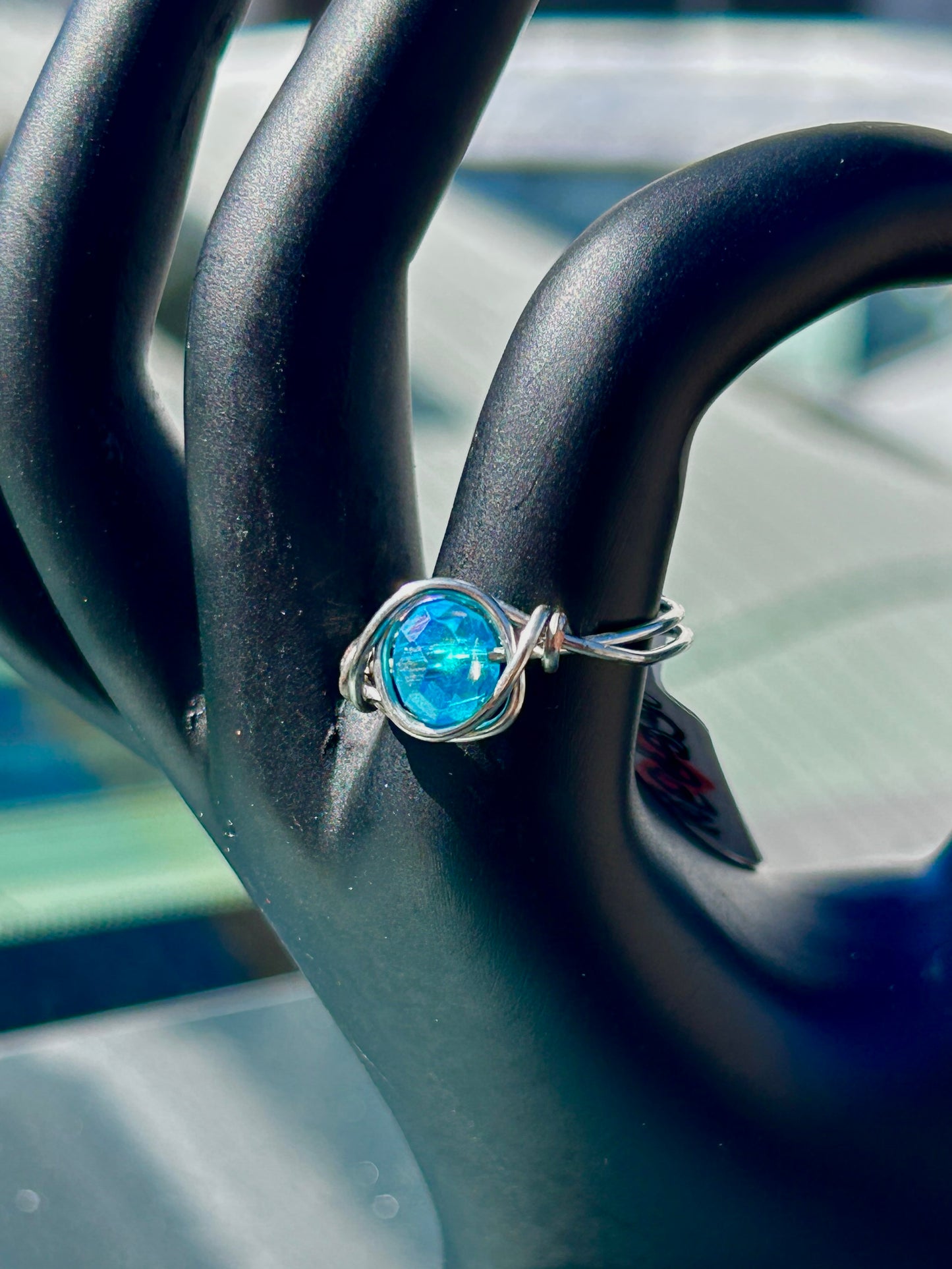 Blue Glass Bead Silver Ring