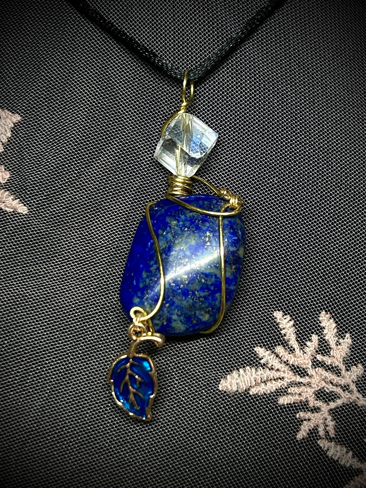 Lapis with Blue Leaf Charm Necklace