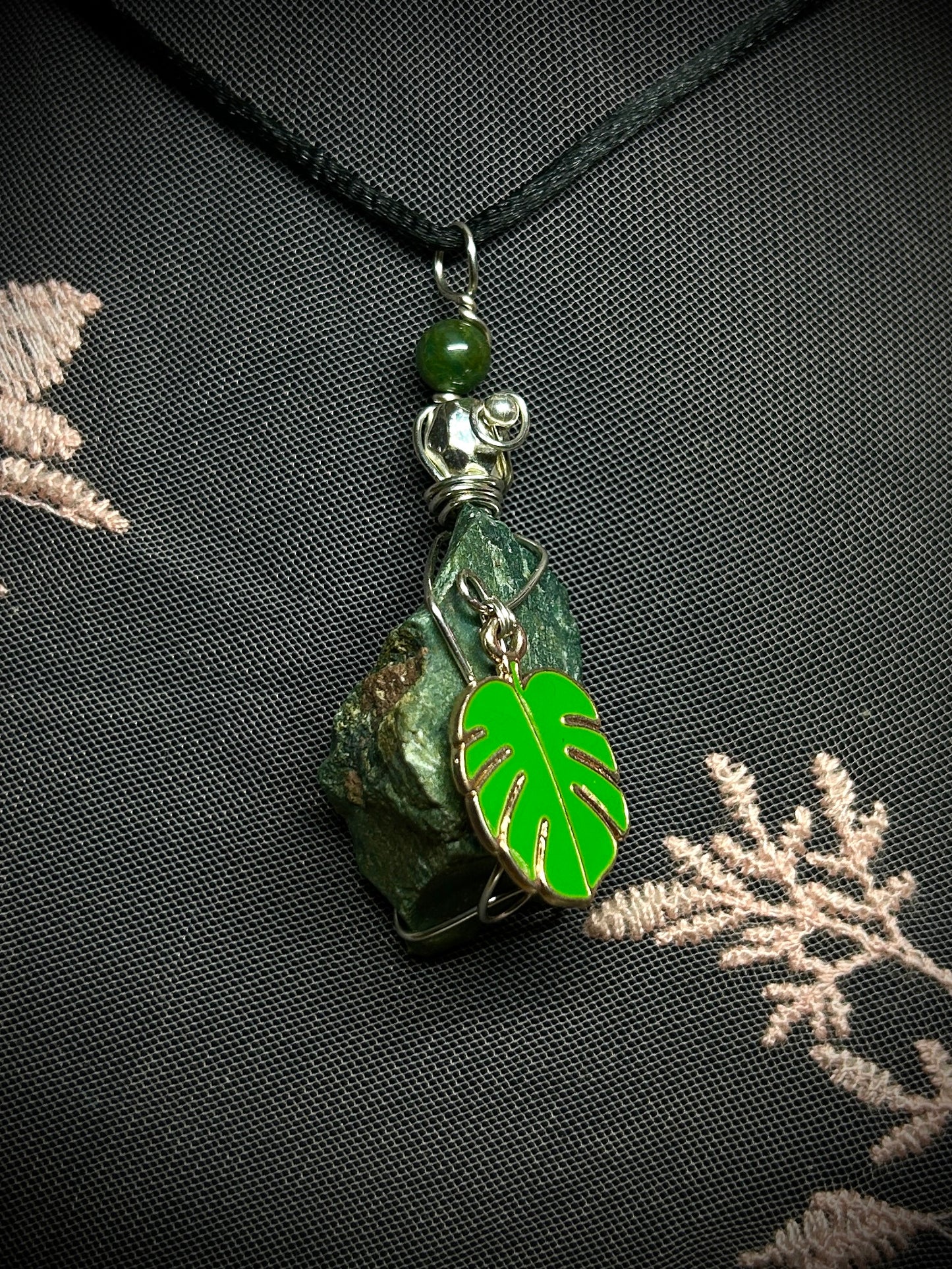 Moss Agate with Monstera Leaf Charm Necklace