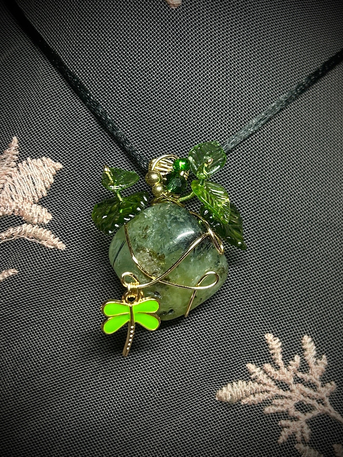 Spring Pendant; Prehnite with Foliate and Dragonfly Charm Necklace