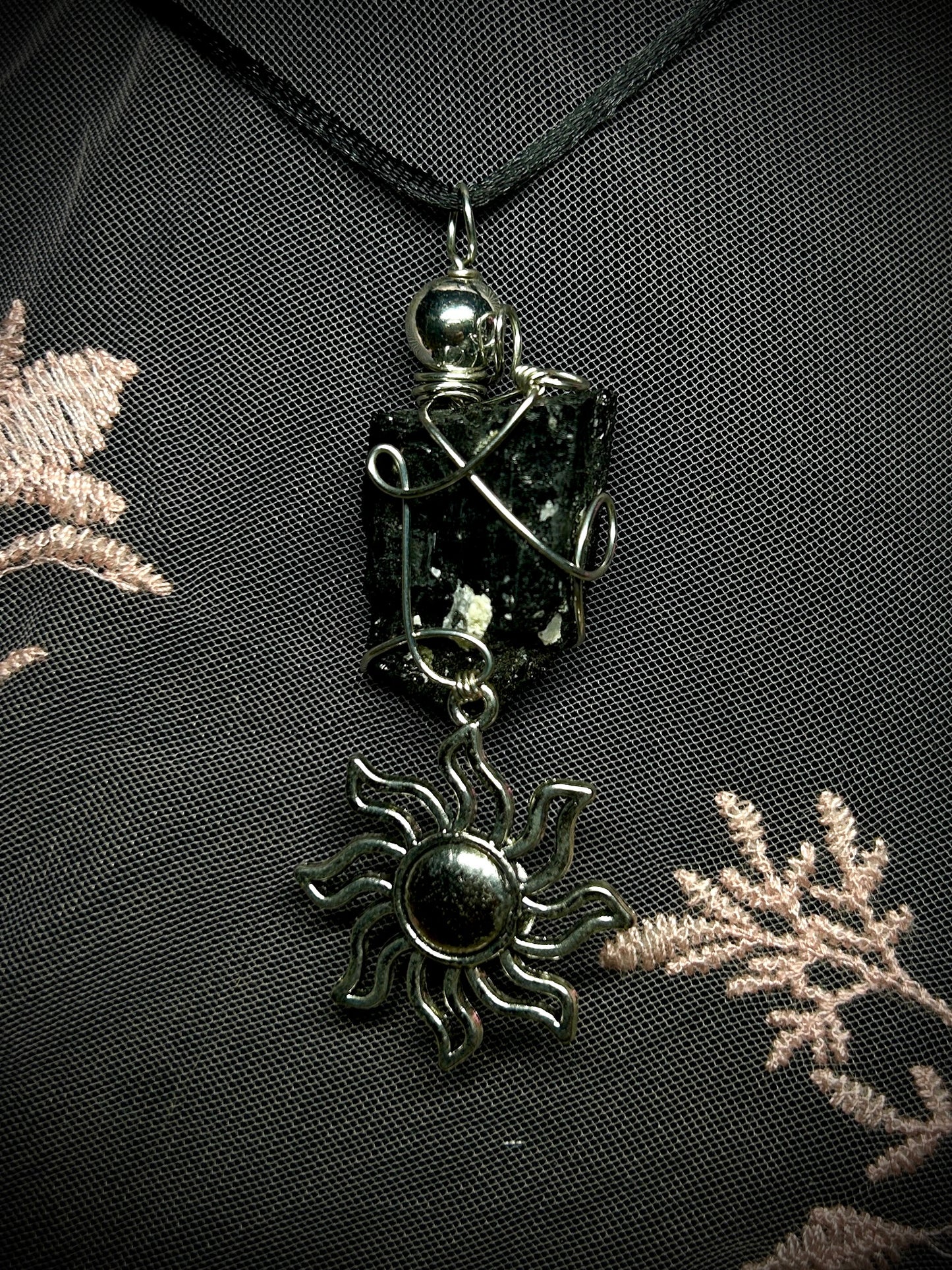 Black Tourmaline with Large Sun Charm Necklace