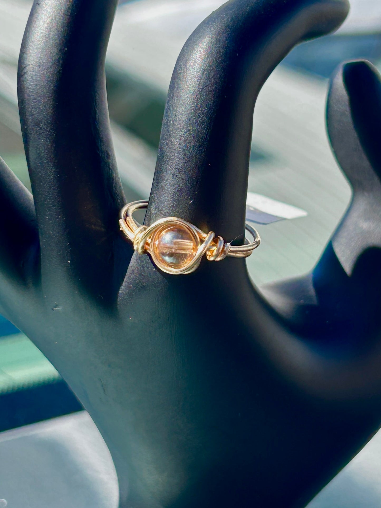 Peach Glass Bead Gold Ring