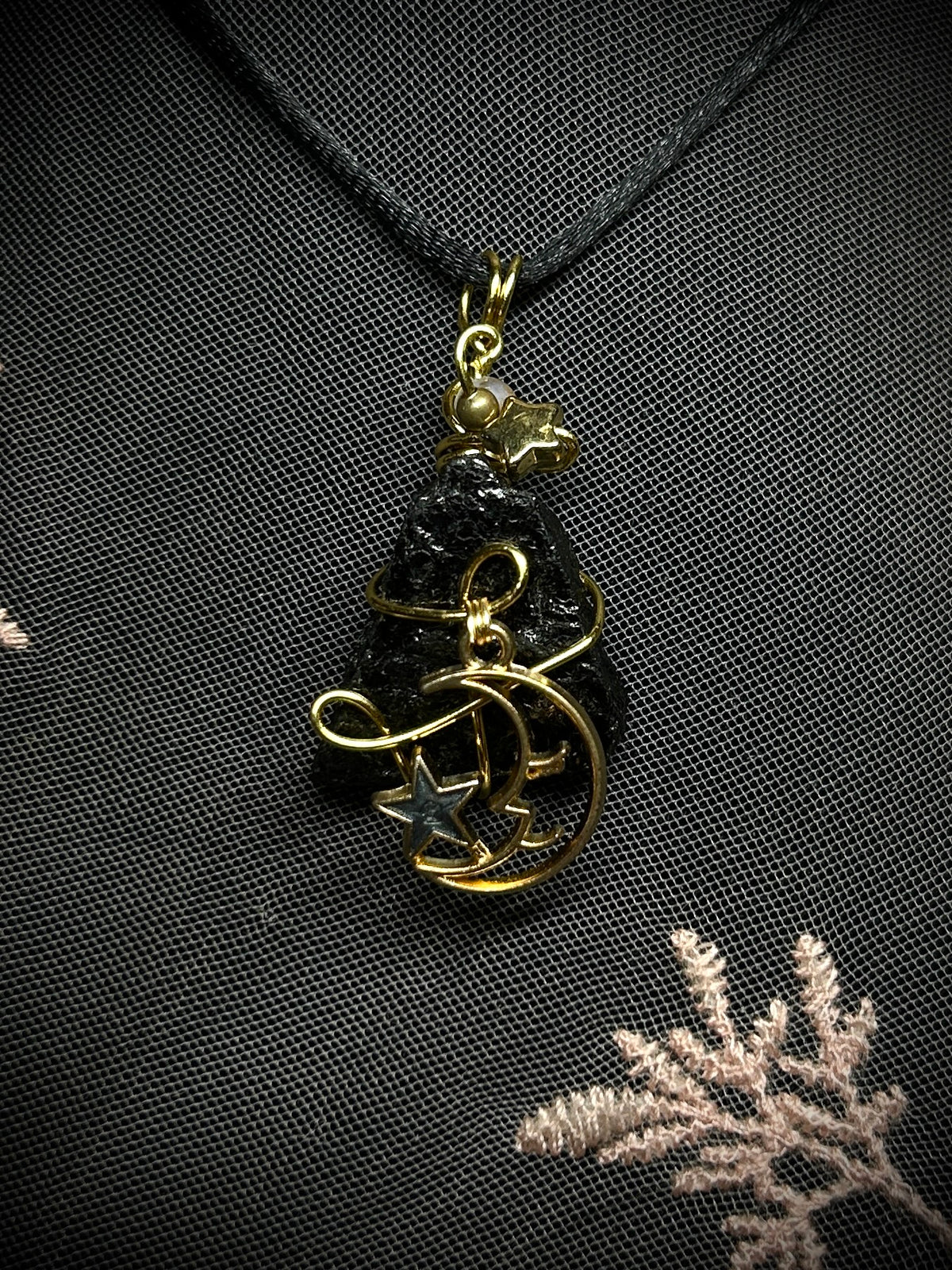 Black Tourmaline with Moon Charm Necklace