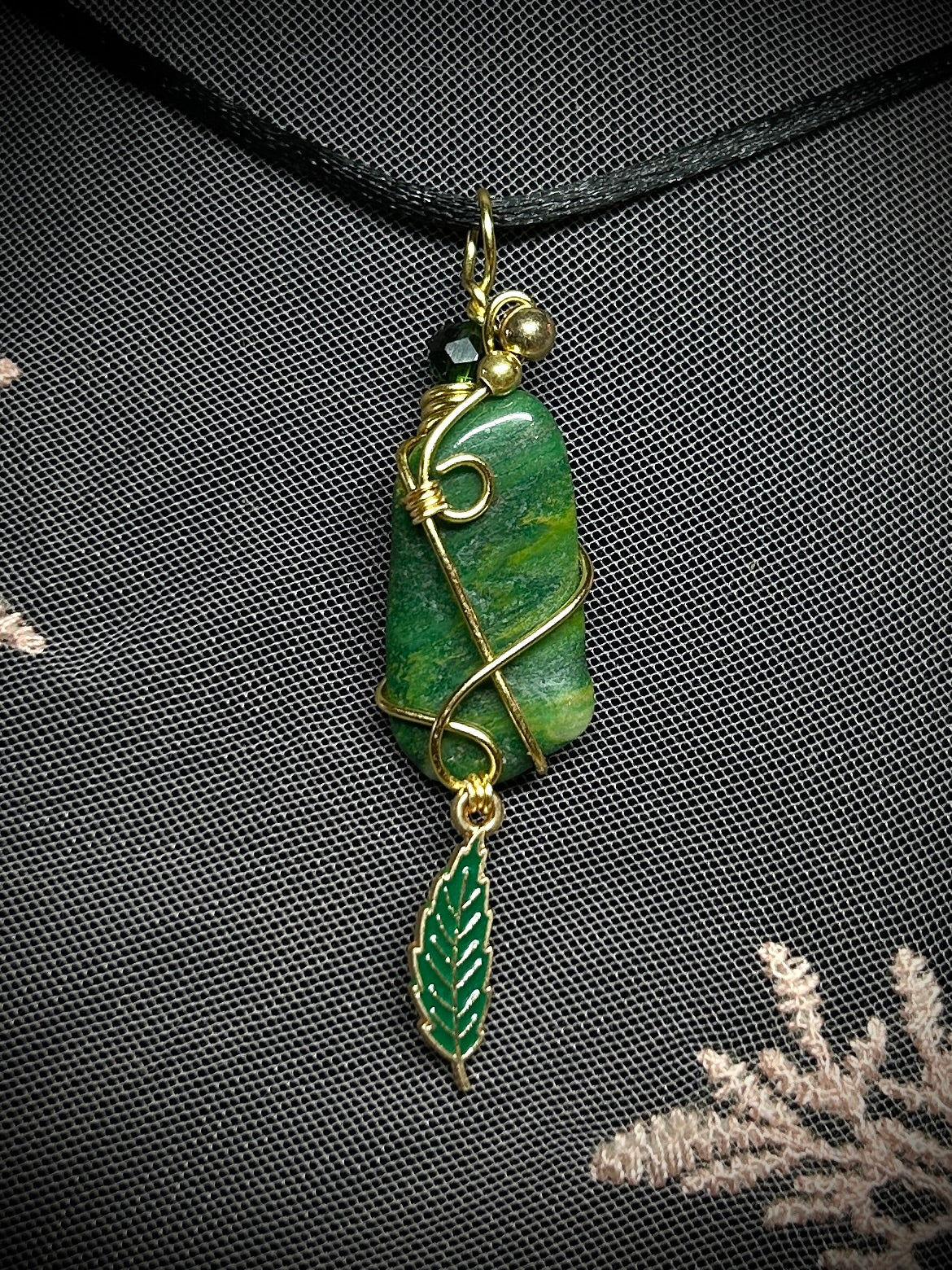Moss Agate with Leaf Charm Necklace