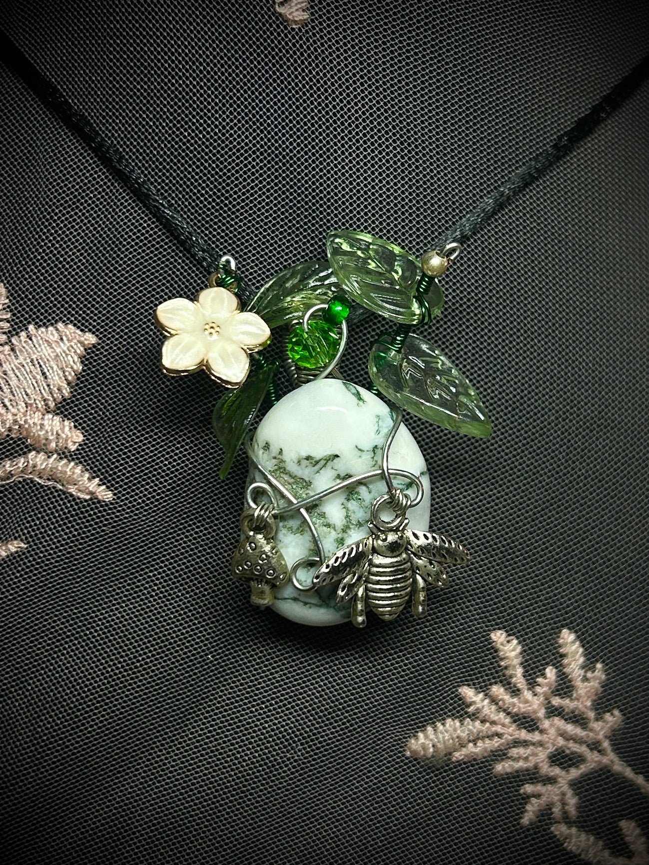 Spring Pendant; Tree Agate with Foliage and Spring Themed Charms Necklace