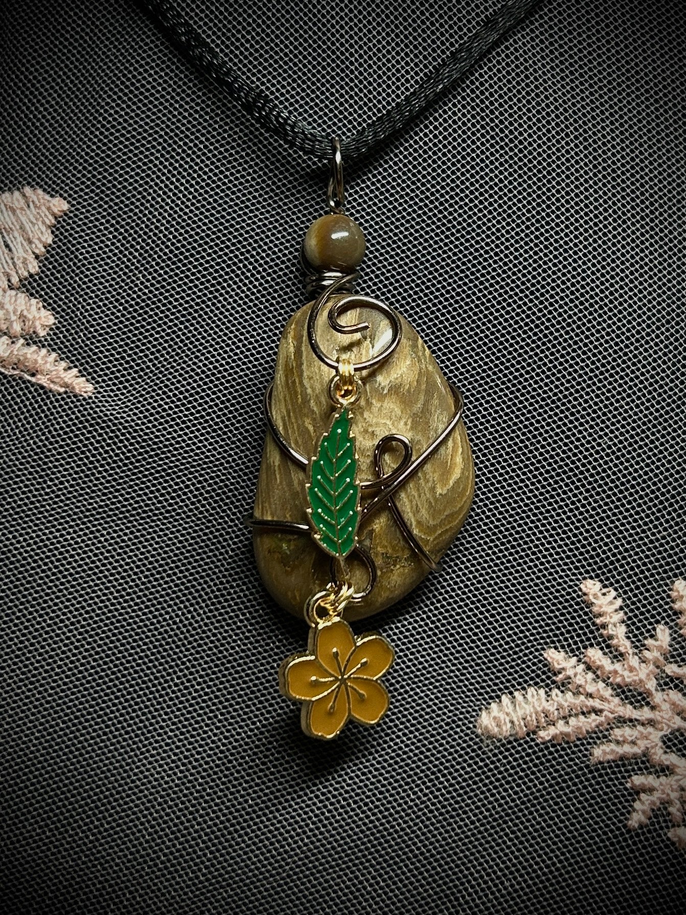 Jasper with Flower & Leaf Charm Necklace