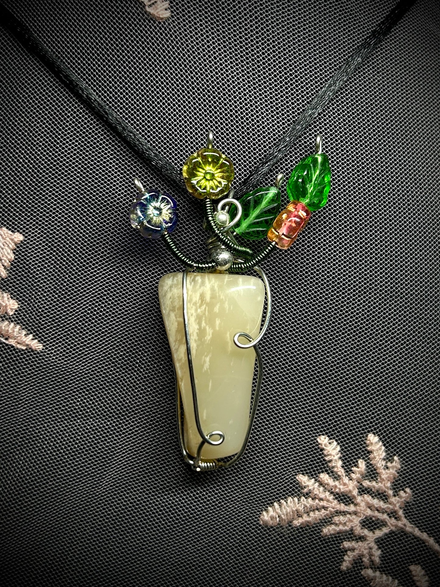 Yellow Moonstone Bouquet of Flowers Necklace