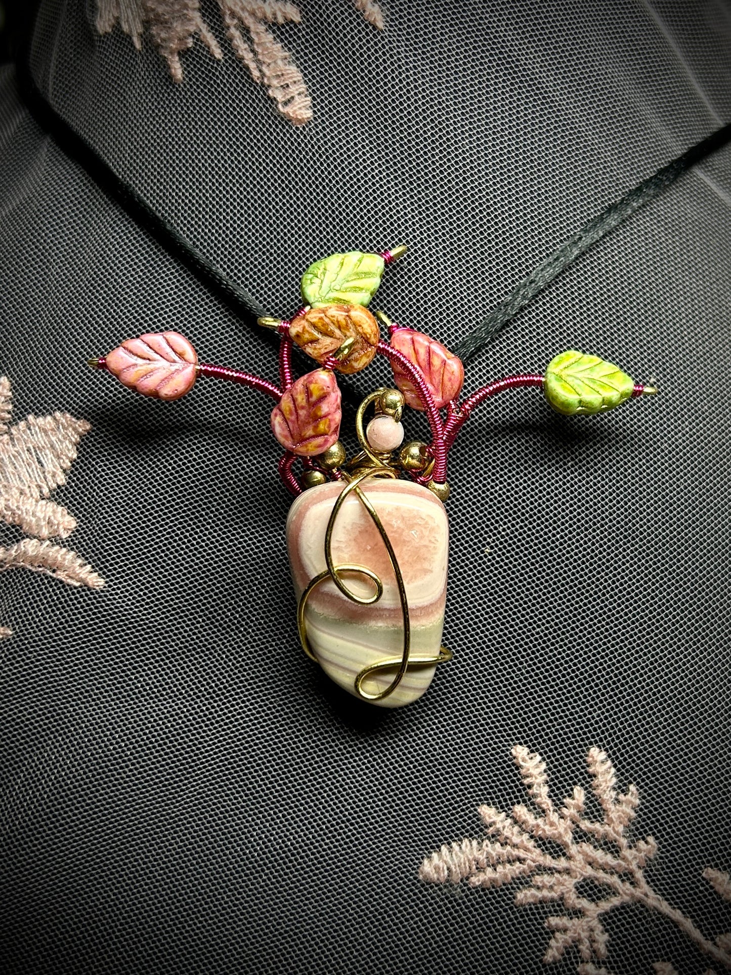 Rhodonite Pink Princess Philodendron Necklace