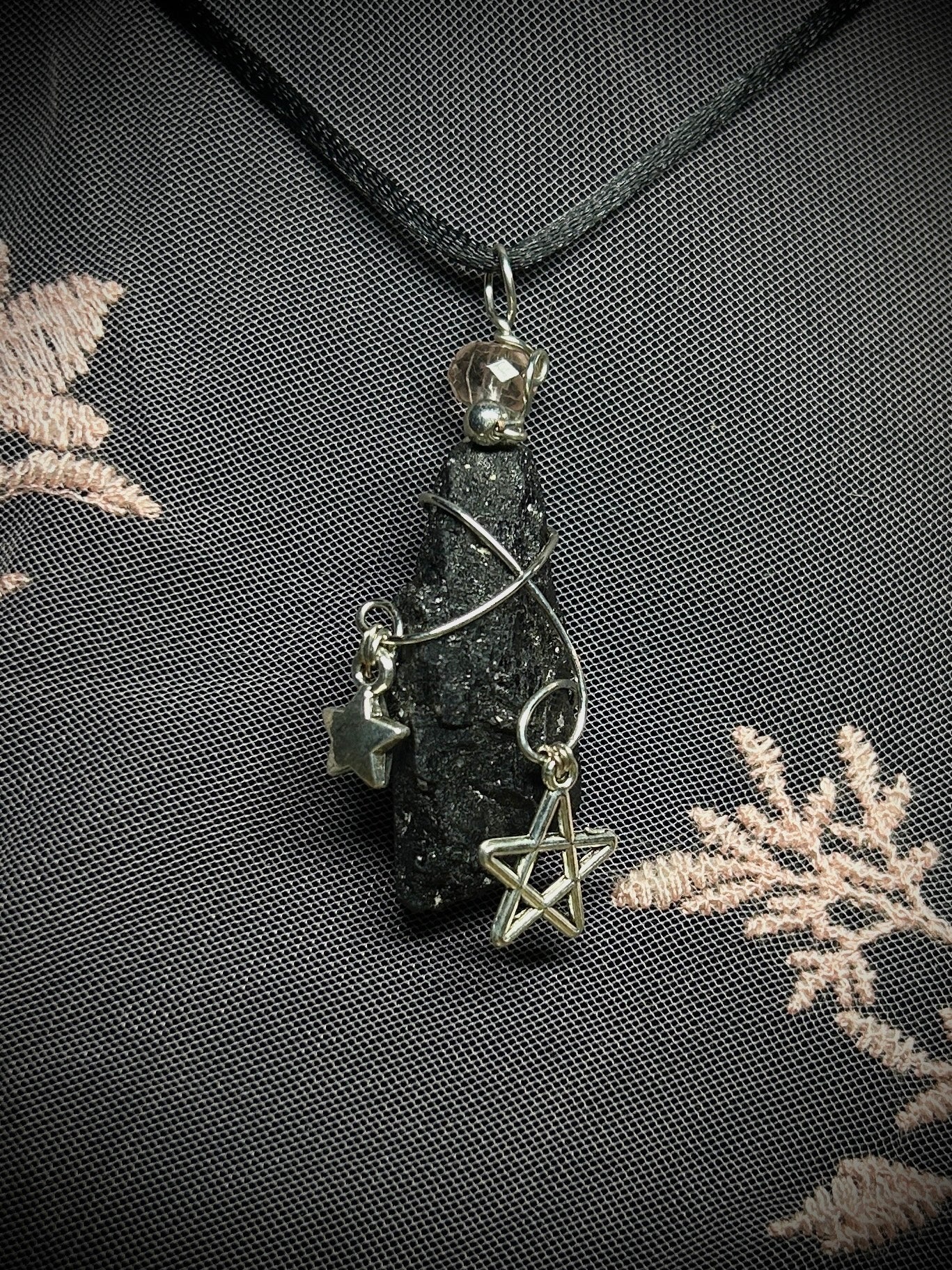 Black Tourmaline with Star Charms Necklace