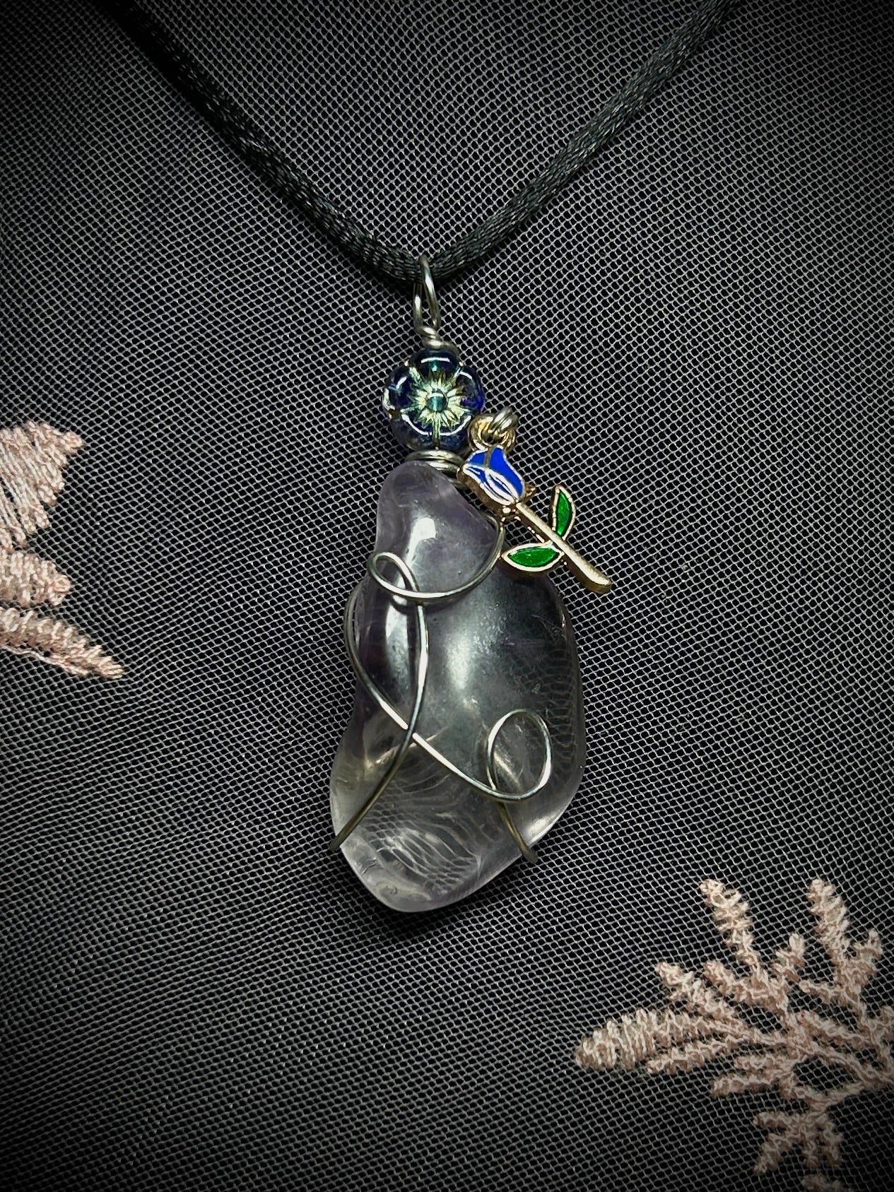 Amethyst with Blue Flowers Necklace