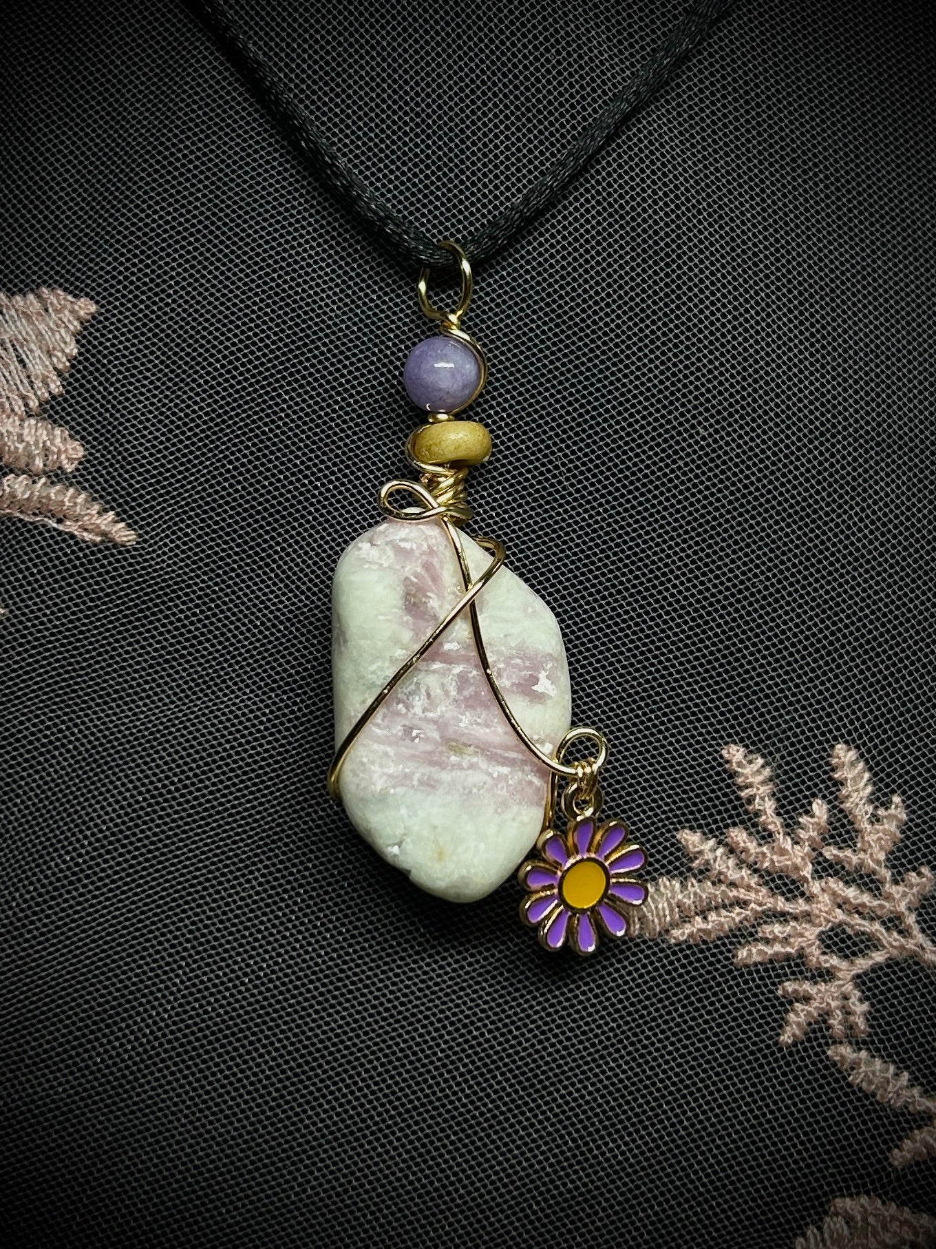 Rubellite on Albite with Purple Daisy Charm Necklace