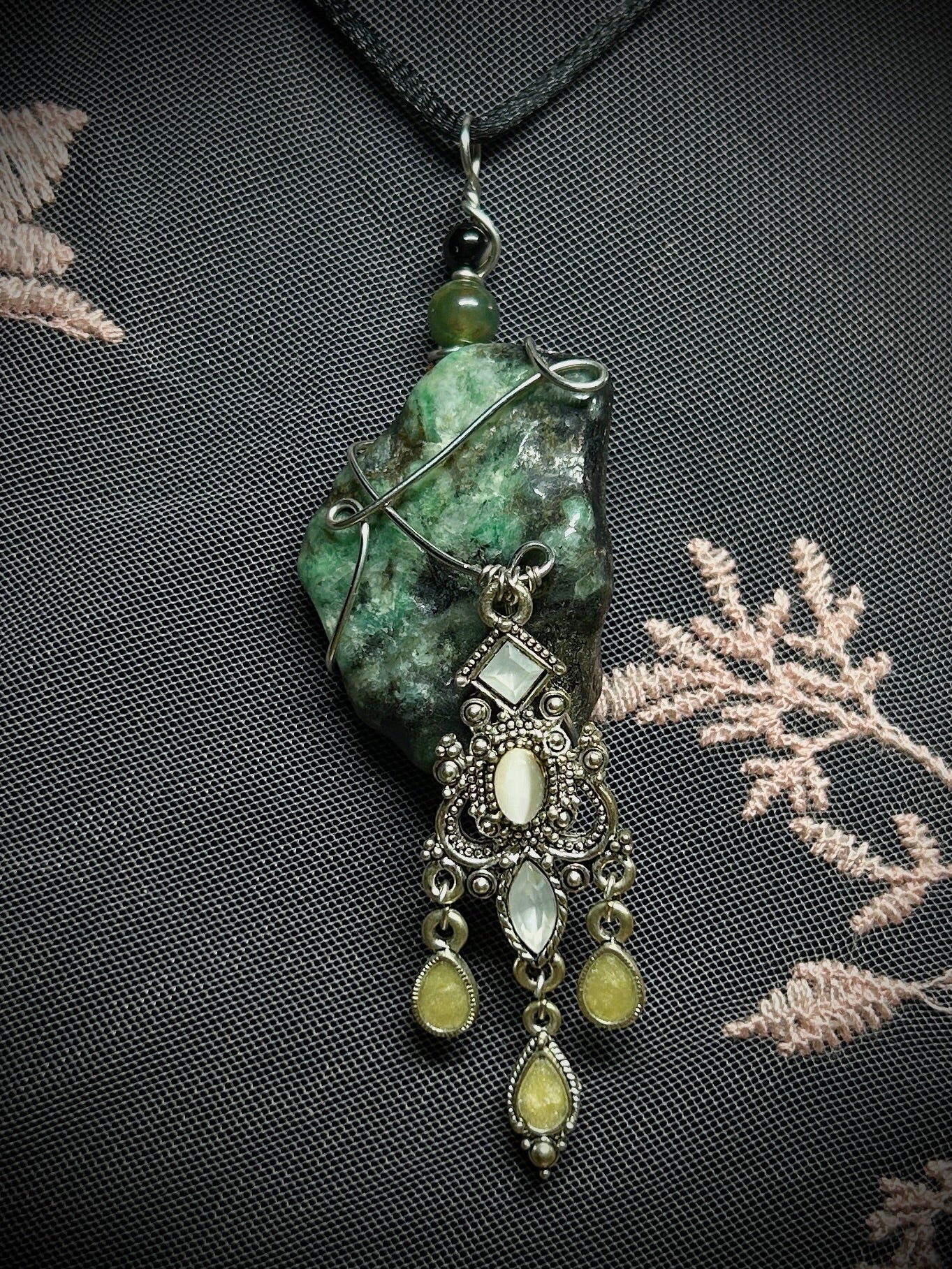 Emerald with Antique Ornamental Charm Necklace